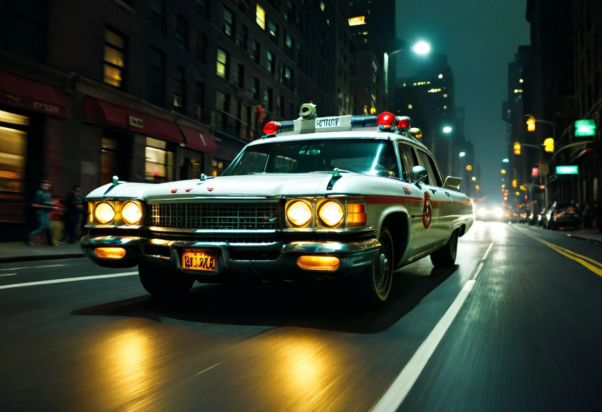 a studio photo of ecto_1, vehicle focus, racing through New York City streets at night, vehicle focus, licence plate, front view, dark, chiaroscuro, low-key, beautiful, science fiction, best quality high resolution, beautiful, highest quality, masterpiece, highly detailed, volumetric light, global illumination, studio photo, highly detailed, sharp focus, epiCPhoto,