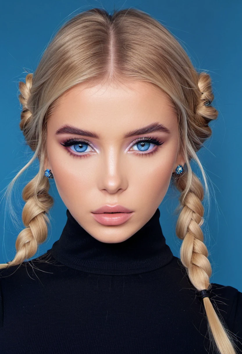 	Alla, wearing turtle neck, twintails, parted lips, eyeliner, makeup, blue eyes, upper body, 8k, ultra detailed, ultra realistic