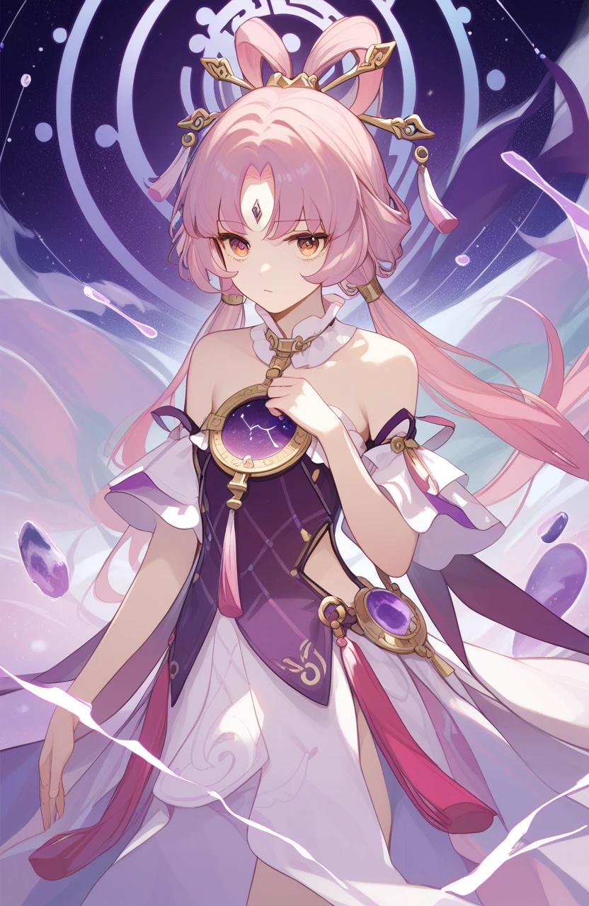 <lora:naipixa31-000019:0.3>,<lora:符çpony:1>,a girl named fuxuan,fuxuan,1girl,forehead jewel,low twintails,bare shoulders,detached sleeves,dress,tassel,constellation,jewelry,, (score_9,score_8_up,score_7_up),(masterpiece,best quality,high quality:1.2),absurdres,