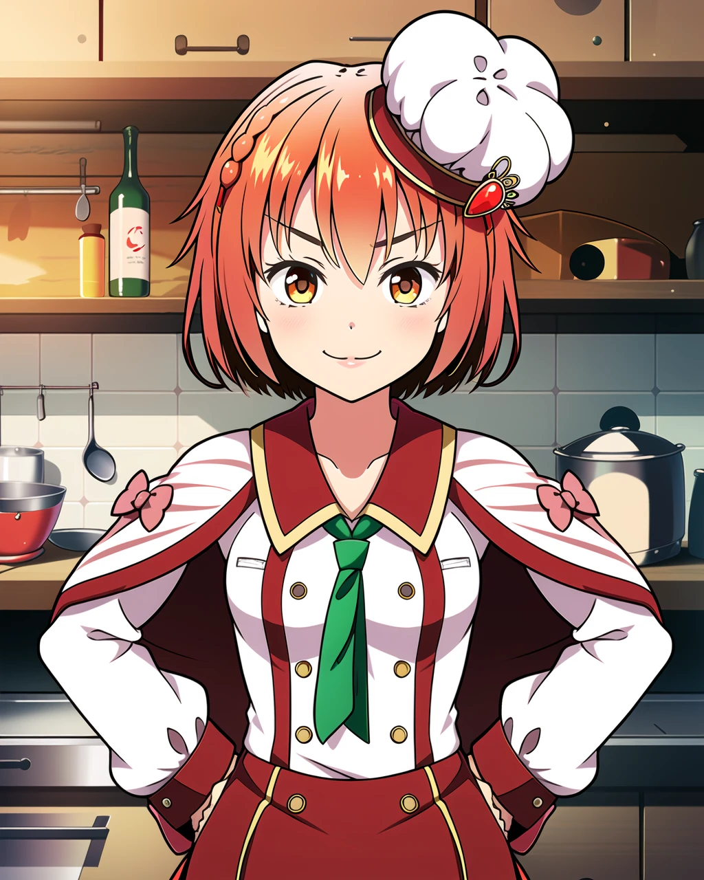 masterpiece, high quality, 1girl, mgrckurumimanaka, medium shot, upper body, dynamic pose, looking at viewer, chef hat with gem on head, red striped shawl with bows, green tie, white with red shirt, red with white buttoned skirt, hands on hips, light smile, indoors, kitchen, <lora:mgrckurumimanaka-05:0.8>