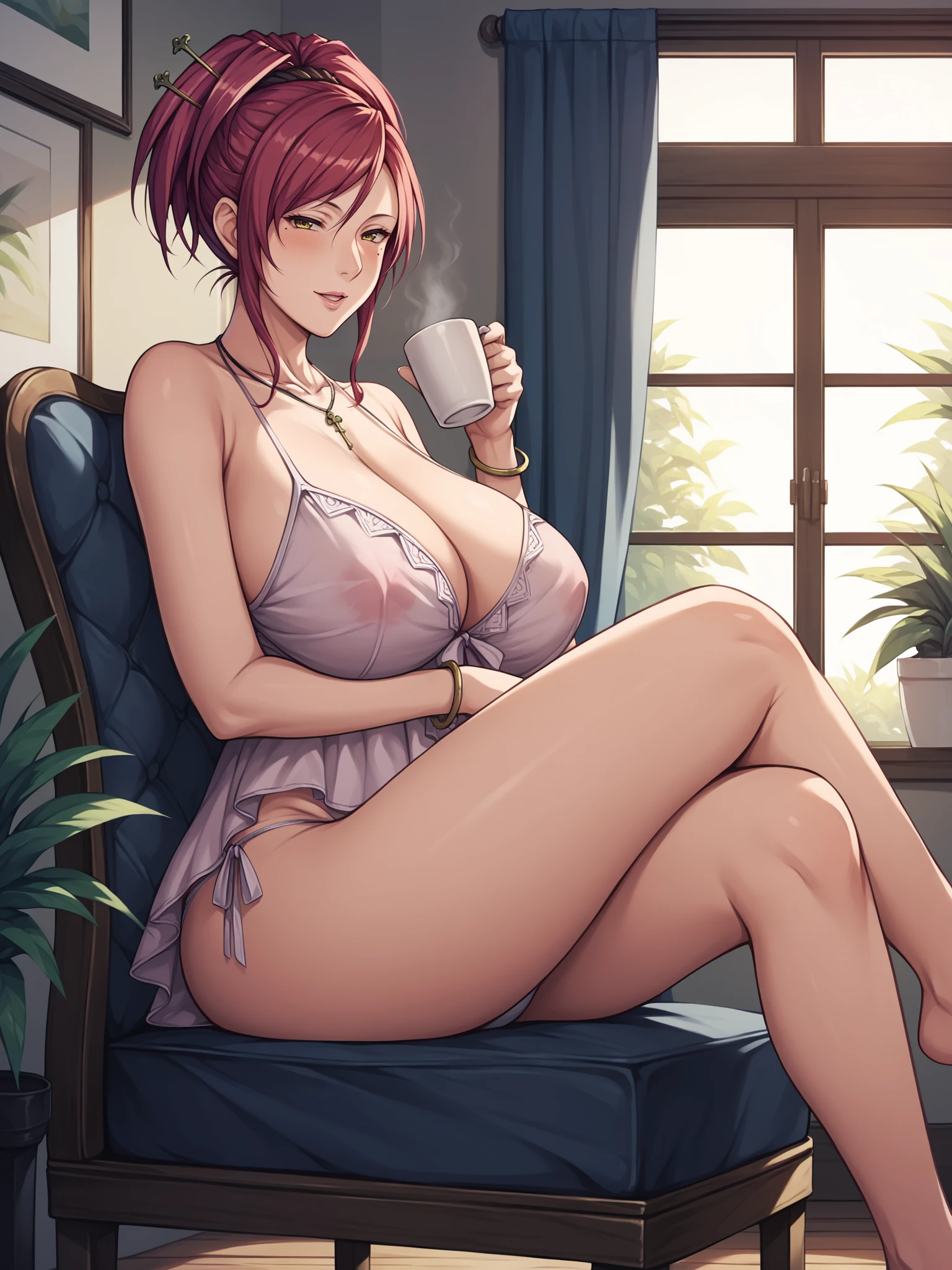 score_9, score_8_up, score_7_up, score_6_up, score_5_up, score_4_up, BREAK
Mamiya Marie is sitting on chair and drinking coffee, holding coffee mug, crossed legs, from side, 
1girl, mature female, solo,
looking at viewer, seductive smile, blush, parted lips, half-closed eyes, 
red hair, short hair, hair ornament, makeup, yellow eyes, mole under eye, bracelet, key necklace, 
negligee, see-through, white panties, thong, barefoot,
voluptuous, huge breasts, thighs, cleavage, 
indoors, luxury renaissance room, morning, window,
<lora:MamiyaMarie3216XL:1>