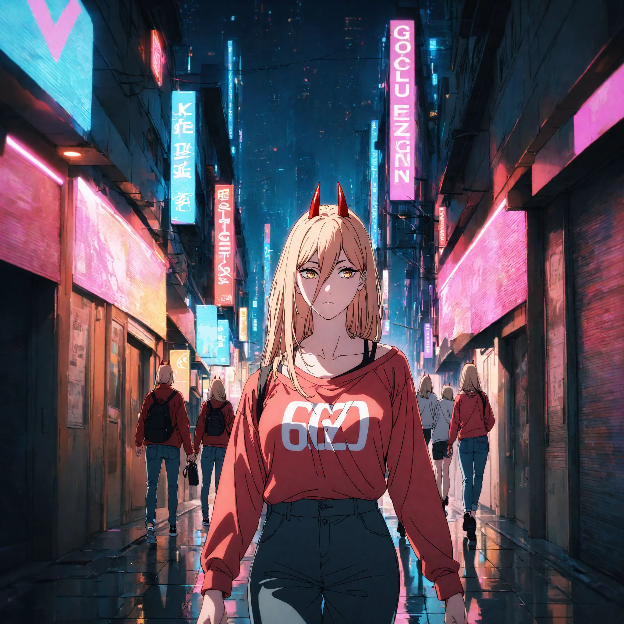 best quality, masterpiece, 1girl, blond hair, red horns, yellow eyes, high quality eyes, cross-shaped pupils, walking, cyberpunk city, neon lighting, colorful, artistic, bloom, casual clothing, red shirt, <lora:fpower:0.7>