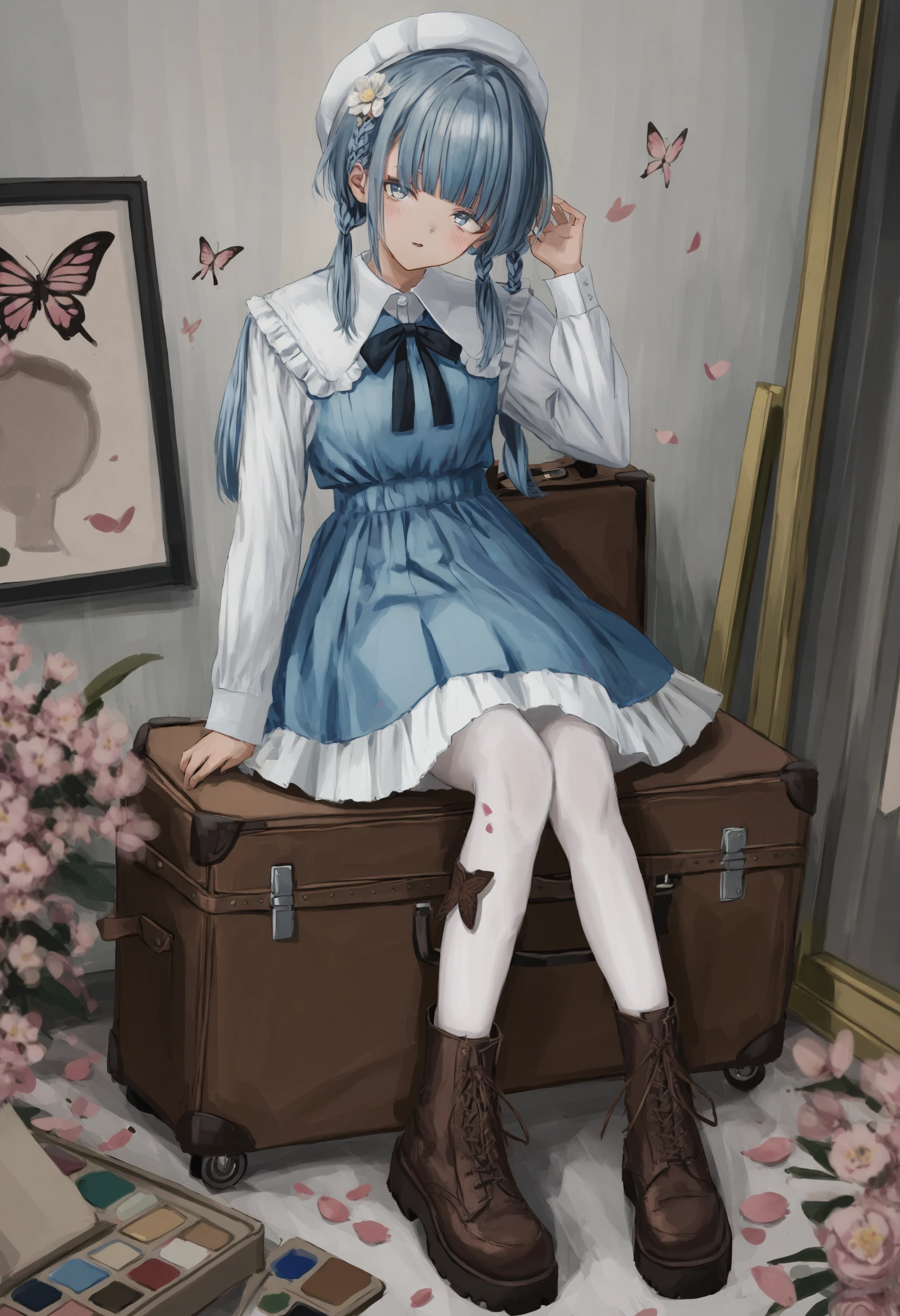 1girl,
solo, blue eyes, bangs, dress, blue dress, white pantyhose, flower, sitting, hair ornament, suitcase, long sleeves, pantyhose, blunt bangs, blue hair, hat, petals, long hair, parted lips, low twintails, boots, butterfly, bug, feet out of frame, palette \(object\), brown footwear, blush, floral print, hair flower, beret, hand up, twintails, short dress, print pantyhose, petticoat, light blue hair, muted color, rolling suitcase, looking at viewer, braid, collared shirt, paintbrush, side braid, white shirt, painting \(object\), white hat, wing collar, shirt,
masterpiece, best quality
<lora:GUXLlokr8f-000183:0.95>