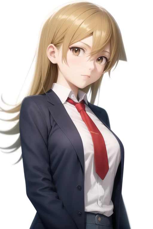 <lora:tenjouin_asukasd15:1>,1girl, alternate_costume, bad_id, bad_twitter_id, blonde_hair, blue_jacket, closed_mouth, collared_shirt, floating_hair, hair_between_eyes, long_sleeves, looking_at_viewer, medium_breasts, red_necktie, simple_background, solo, straight_hair, tenjouin_asuka, upper_body, white_background, white_shirt, wing_collar, yellow_eyes