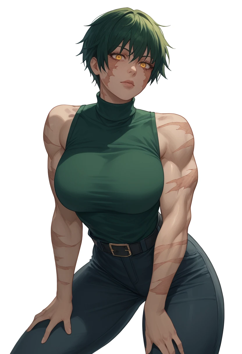 (masterpiece:1.2, Best quality:1.2, Beautiful, high quality, A high resolution:1.1), 1 girl, detailed, short hair, Short fluffy hair, short green hair, extremely detailed 4K, Perfect eyes, perfect face, видимая Bandage, 1 eye, Bandage, closing an eye, the other eye is closed, the eye is covered with a bandage, circle Weapon, serious look, ready for battle, battle face, glasses, circle shaped glasses, Yellow Sparkling Eyes, yellow eyes, Plaster on the face, posing, Hands, Weapon, scars on Weapon, scars on face, scars on cheek, bang, really short hair, scars on body, Maki Zenin eyes, Perfect eyes, scars on face, dangerous, Bandage на глаз, white Bandage на глаз, yellow eyes, exotic, scar on face, scar on cheeks, visible scars on cheeks, Bandage на глаз, scar on eye, Maki Zenin, Scar on the body, very short hair, circle glasses, dark scars on face, Maki Zenin LoRA, black shirt, scar on eye, scars, without sleeves, crop top, Beautiful face, perfect lighting, (1 girl, One, Adult woman, mature woman), Thin, flexible body, Maki Zenin, green hair, glasses, (big breasts), ((sensual seductive))