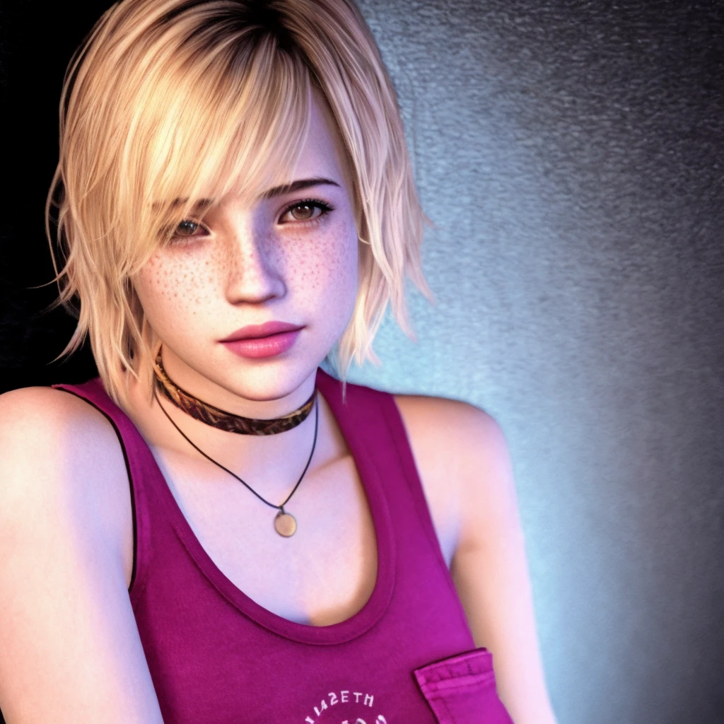 masterpiece, photoreal, detailed, high quality, 1girl, heathersh3, blonde hair, short hair, freckles, brown eyes, lips, young, realistic, pink tank top, wristband, jeans, filmgrain, noise, fullbody, dark background, <lora:SH3_Heather_Manson_by_vinrax:1>