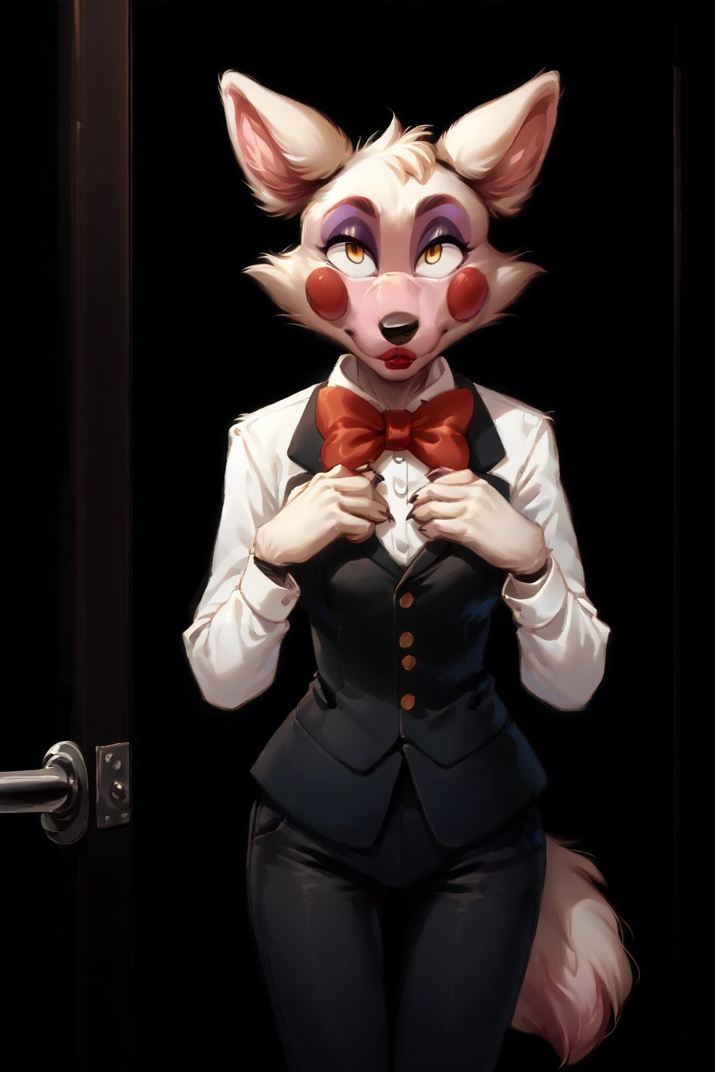 score_9, score_8_up, score_7_up, score_6_up, score_5_up source_anime, dark background, <lora:Mangle_-_FNAF_Pony:1>, manglefnaf, bow, anthro, lipstick, furry, tuxedo, <lora:OtherStyle_03:0.2> , <lora:The_last_of_us_Style:0.7>, <lora:pony_good_hands:1> good_hands, better_hands, holding door, standing, black pants