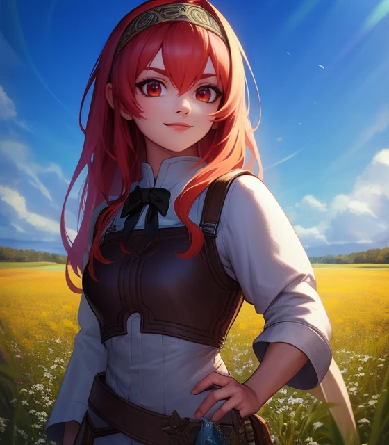 Cowboy shot, Eris Greyrat, Red eyes, Adventurer's clothes, Headband, A little smile,
(Standing pose:0.7), Blue atmosphere, Field,
HDR, highly detailed face and eyes, Masterpiece, Best quality, intricate, highly detailed, 8k, Trending on artstation, (Anime style:0.4),
<lora:Gabachek_Eris_Greyrat-01:0.7>