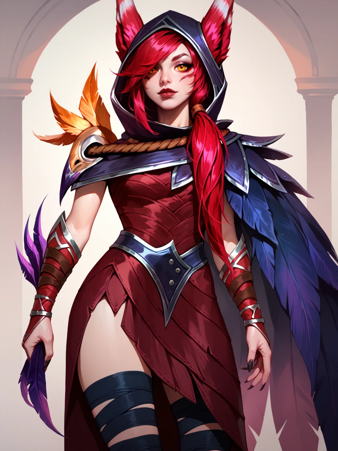 score_9, score_8_up, score_7_up, XayahNormal, 1girl, solo, red animal ears, facial marks, yellow eyes, red long hair, vambraces, feather cloak, red leather dress, hood, bandages on legs, bird legs <lora:XayahNormal:1>