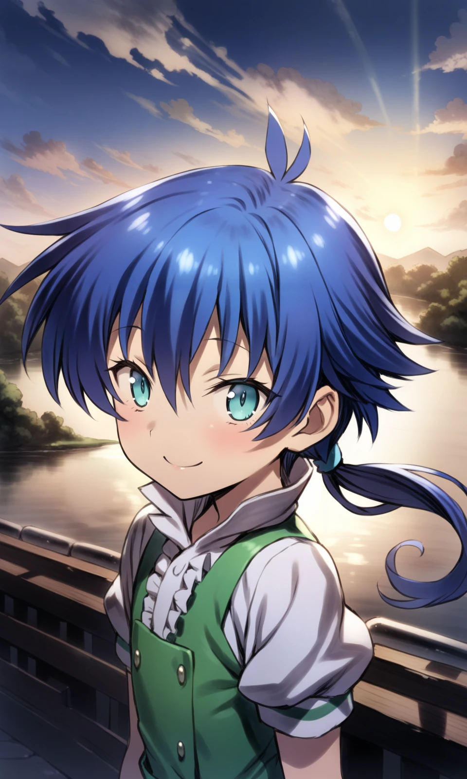 solo, 1boy, lloyd, aqua eyes, blue hair, short hair, low ponytail, shiny hair, shiny skin,
green vest, white shirt, puffy short sleeves, green short shorts,
looking at viewer, smile, upper body,
outdoors, river, sun, cloud, condensation tral,
masterpiece, best quality, very aesthetic, absurdres, by mogudan,
<lora:LloydDeSaloum_XL:1>