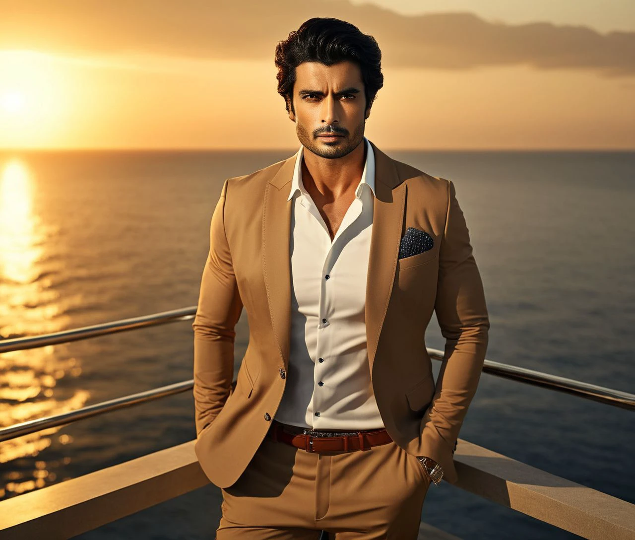 Nautical-themed (Photo:1.3) of (Ultrarealistic:1.3) <lora:Man_Men_FFashion:1> sebastian de souza a man <lora:Gashmeer-Mahajani_Sebastian-De-Souza:1> in a tan suit standing on a balcony, sun behind him, inspired by Pablo Munoz Gomez, shot at golden hour, editorial photograph, midshot of a hunky, by Roman Bezpalkiv, by Artur Tarnowski, maxim sukharev, by Gabor Szikszai,Highly Detailed,(Mono Color:1.3) . Sea, ocean, ships, maritime, beach, marine life, highly detailed