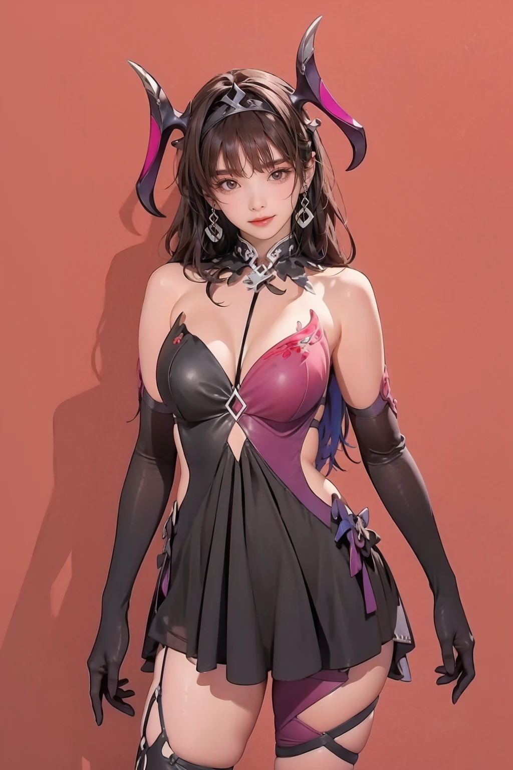 best quality,masterpiece,highres,extremely detailed cg unity 8k wallpaper,red background,1girl,solo,looking at viewer,standing,cowboy shot,large breasts,<lora:GoodHands-beta2:1>,<lora:lemon0032-Epic Seven Spectre Tenebria(Dark Tyrant)_v1:1>,lemon0032,horns,earrings,asymmetrical legwear,elbow gloves,