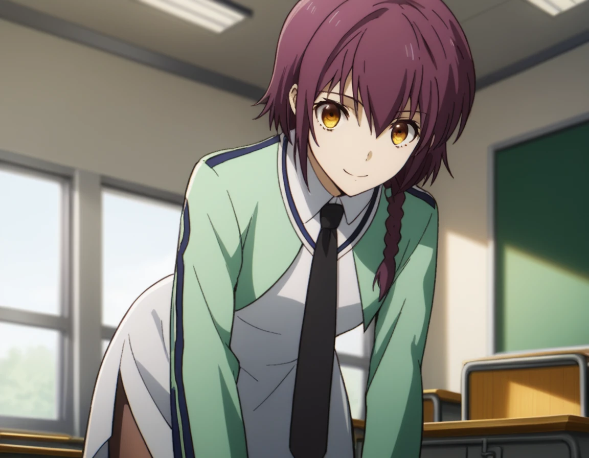 score_9, score_8_up, score_7_up, source_anime,
minamisakurai, <lora:minami-sakurai-s2-ponyxl-lora-nochekaiser:1>,
minami sakurai, brown eyes, yellow eyes, purple hair, braid, single braid, hair over shoulder,
long sleeves, dress, school uniform, pantyhose, necktie, white dress, black necktie, green jacket,
indoors, classroom, bent over, smile,
solo, dutch angle, looking at viewer, cowboy shot,