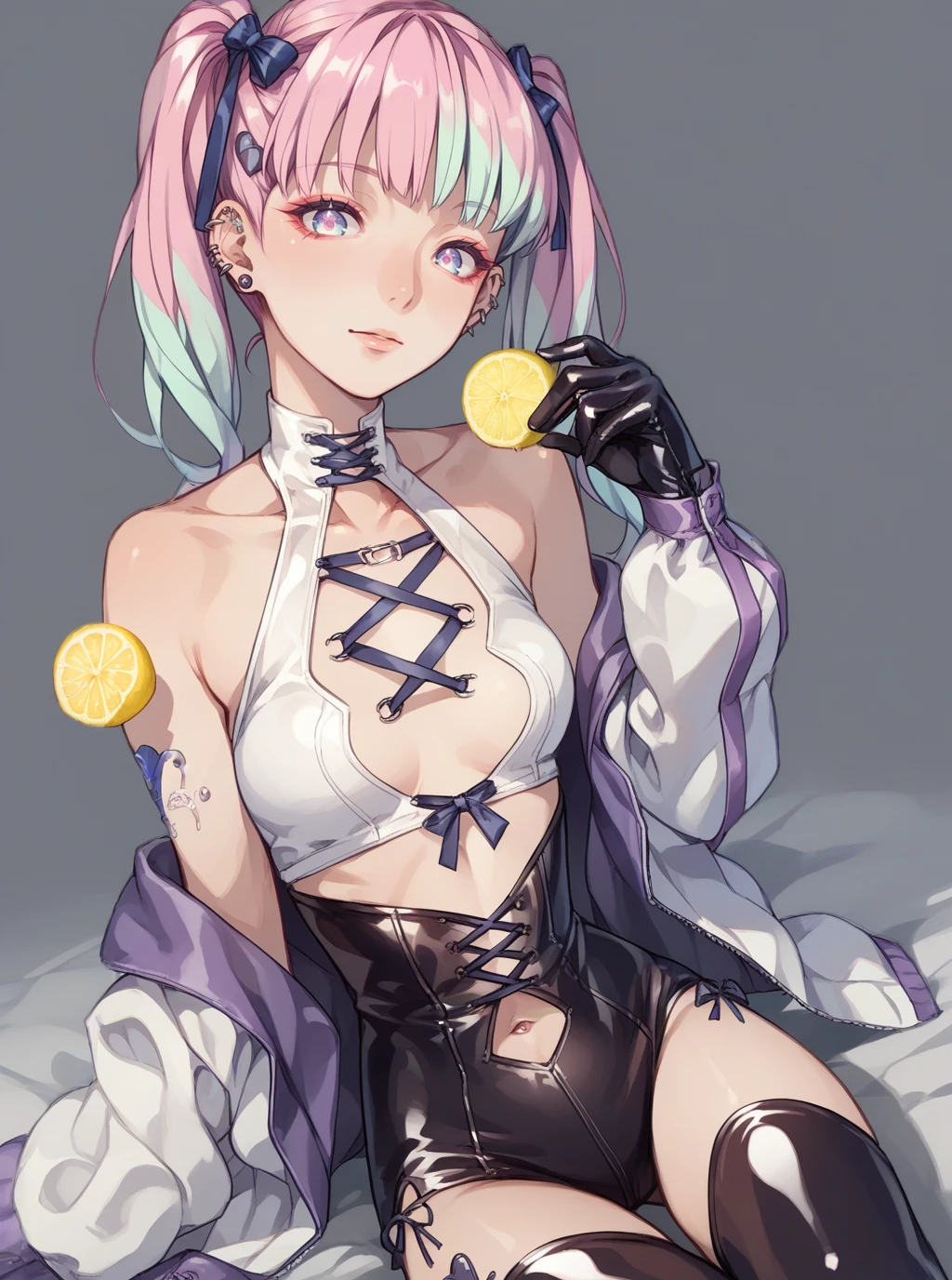 score_9, score_8_up, score_7_up, source_anime, solo, 1girl, (corset_piercing:0.8), latex, Lemon sorbet hair, <lora:corset_piercing_PDXL-000003:1>