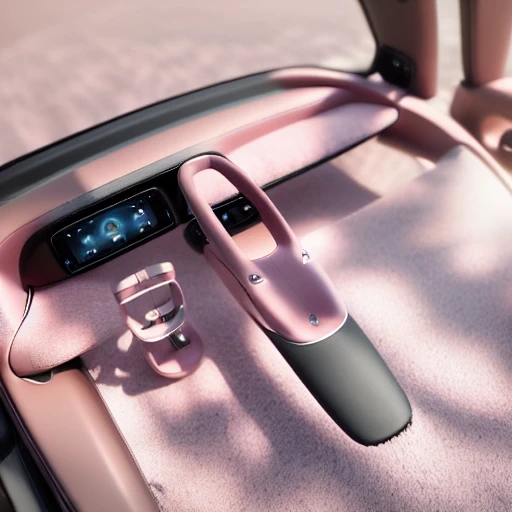 Professional photography of a (Smart INTERIOR), (grey and pink)trim with pink ambient light,outdoor background ,(modern EV) style, natural light,CG,Blender rendering,extremely details, 16K high quality,masterpiece