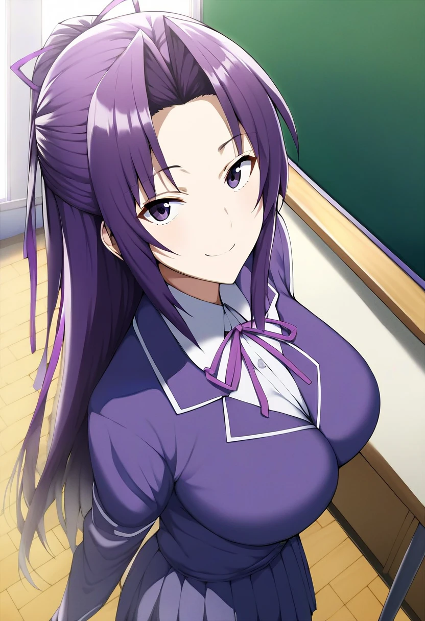 score_6_up, score_5_up, score_4_up, rating_safe, Kazehana \(Sekirei\), 風花 \(セキレイ\), 1girl, purple hair ribbon, half updo, dark PURPLE HAIR, dark purple eyes, school girl uniform, medium breasts, looking at viewer, smile, waist up, background: japanese classroom, green chalk board, [from above view]