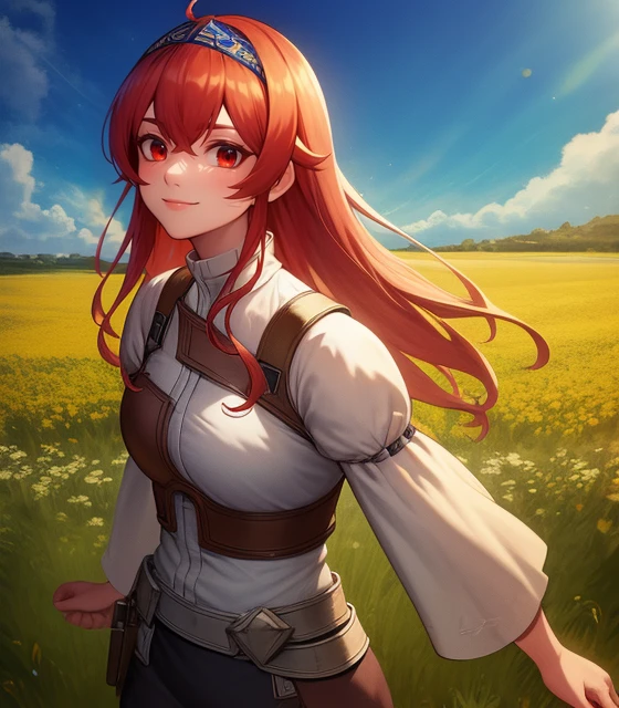 Cowboy shot, Eris Greyrat, Red eyes, Adventurer's clothes, Headband, A little smile,
(Standing pose:0.7), Blue atmosphere, Field,
HDR, highly detailed face and eyes, Masterpiece, Best quality, intricate, highly detailed, 8k, Trending on artstation, (Anime style:0.4),
<lora:Gabachek_Eris_Greyrat-01:0.7>
