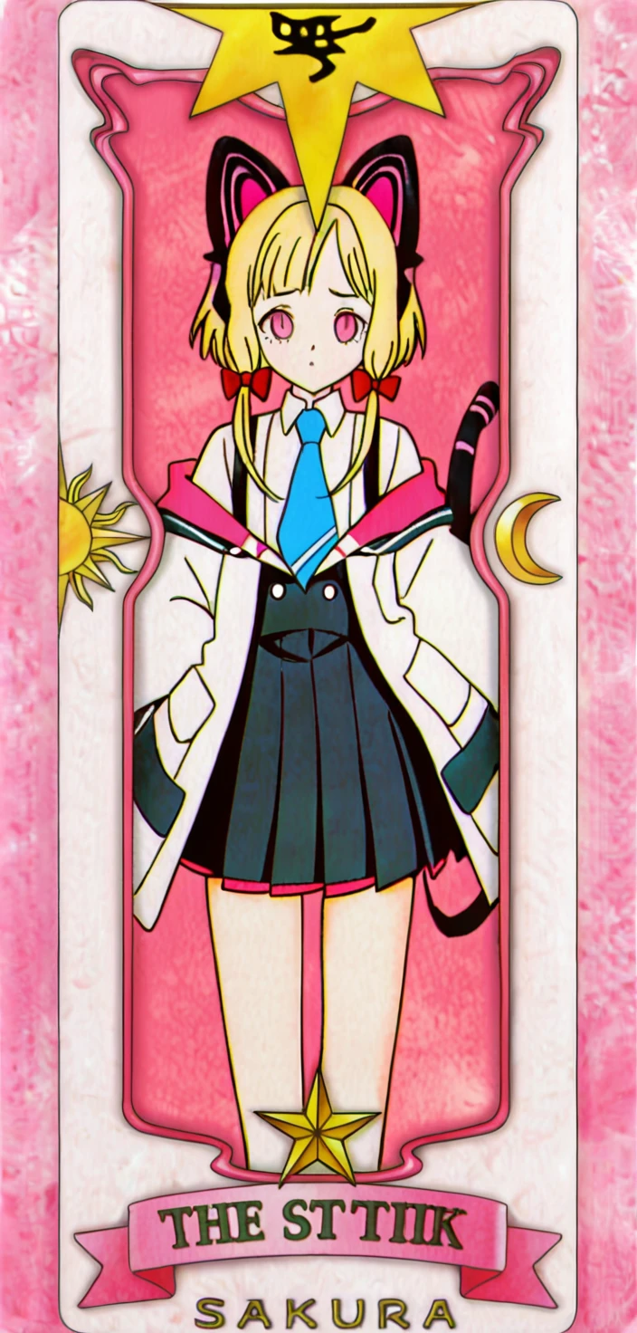 1girl,card \(medium\),sakura card,
momoi \(blue archive\), blue archive,
cowboy shot, jacket, tail, blue necktie, short hair, skirt, necktie, multicolored jacket, open jacket, red bow, halo, black skirt, open clothes, white jacket, sleeves past wrists, animal ear headphones, cat ear headphones, white shirt, sidelocks, cat tail, shirt, wide sleeves, headphones, pink eyes, solo, hair bow, suspender skirt, animal ears, looking at viewer, long sleeves, suspenders, bow, holding card, multicolored clothes, holding, blonde hair, fake animal ears, pleated skirt,
masterpiece, best quality, absurdres
<lora:starry_sakura_card-000430:1>