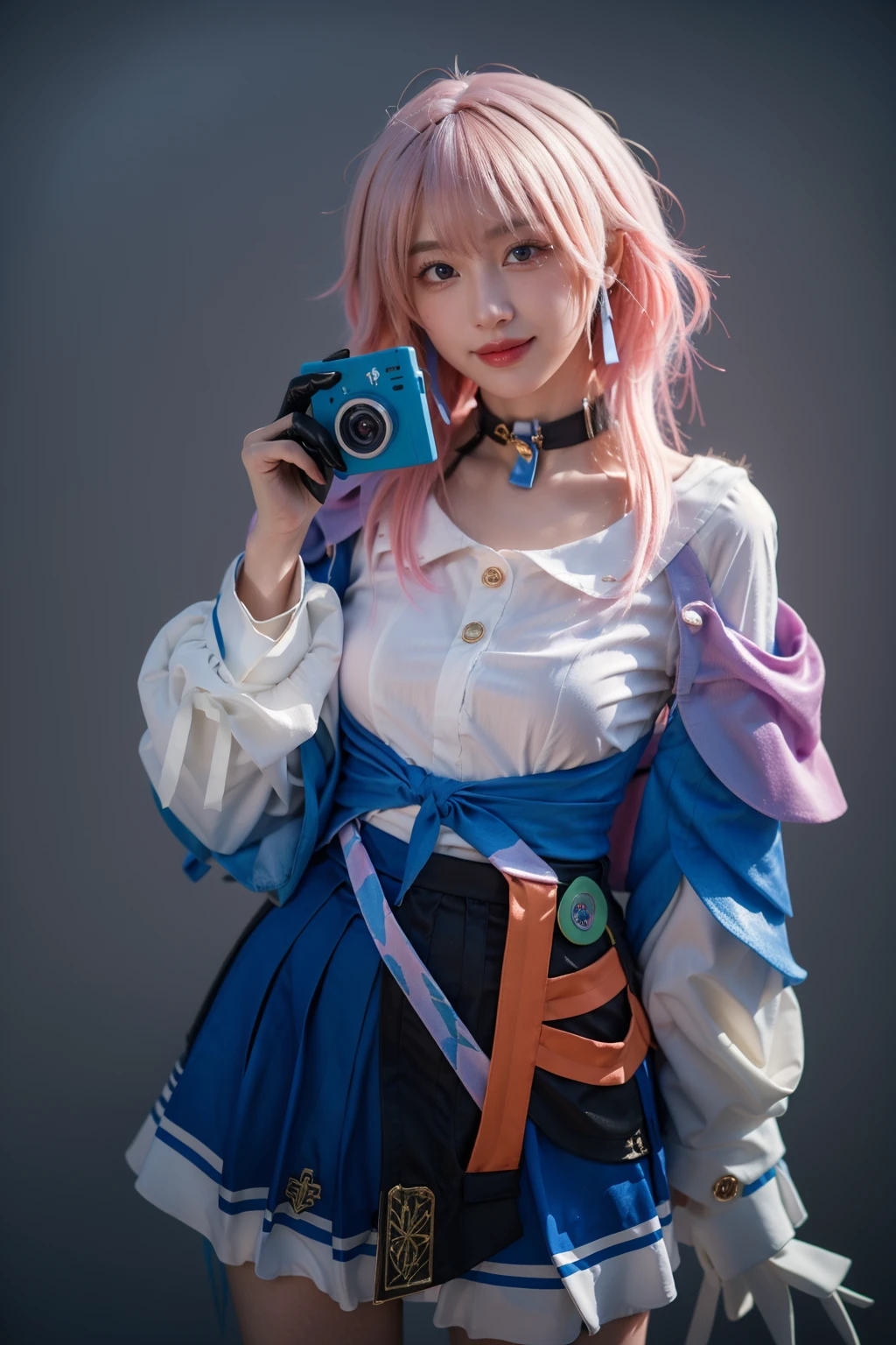 best quality, masterpiece, realistic, photorealistic, 1girl, solo, looking at viewer, smile, standing, cowoby shot, march 7th cosplay costume, march 7th, cosplay, blue eyes, pink hair, medium hair, shirt, dress shirt, long sleeves, jacket, tied jacket, skirt, corset, pleated skirt, choker, camera, flower ornament, badge, button badge, single glove, partially fingerless gloves, simple grey background, <lora:Honkai_StarRail_March7th_costplay_costume_v2:0.7>