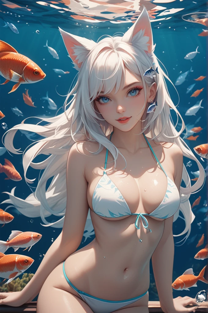 score_9, score_8_up, score_7_up, 1 girl, solo, white hair, long hair, fox ears, white, bikini, fish, many fish near girl, look at viewer, tease