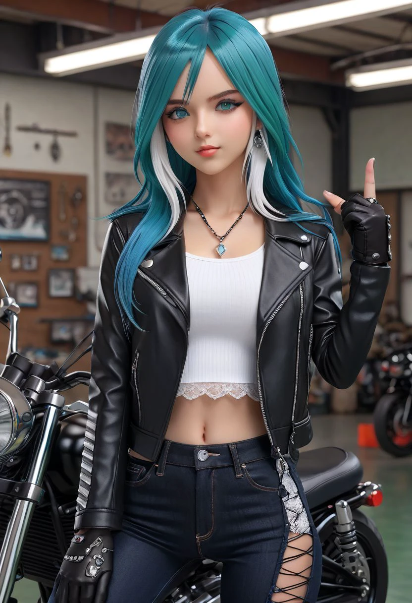 Expressiveh, (Masterpiece, best quality:1.2), score_9, score_9_up, soft shading, lighting, (anatomically correct), best high quality, high res, jewelry, solo, 1girl, reinayagami, 28 years old, thin, irl, photorealistic,  garage background, 80s motorbike, blue eyes, long hair, multicolored hair, blue hair, white sidelocks, hair ornament, green eyes, sportswear, black tanktop, cleavage, breasts, black leather jacket, fingerless gloves, black denim pants, black footwear, black lace boots, jewelry, eyelashes, seductive pose, devil horn hand sign, seductive look, selfie, full body visible