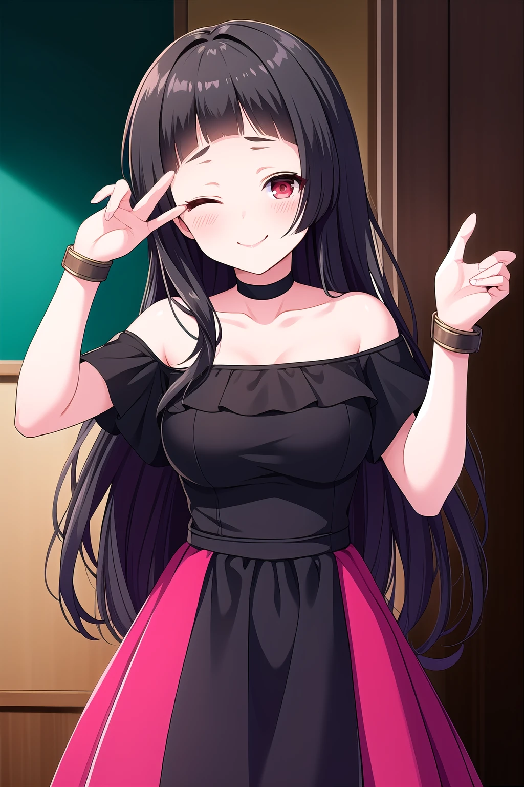 (masterpiece, best quality), highly detailed background, perfect lightingbest quality, isshikiairu, solo, indoors, black hair, blunt bangs, very long hair, one eye closed, red eyes, medium breasts, choker, off shoulder, black dress, off-shoulder dress, bare shoulders, black gloves, smile, closed mouth, ;), pink lips, <lora:Isshiki-Airu:0.7>