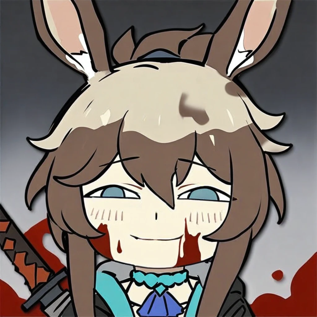 anya-face,(masterpiece),(best quality),full_body,(masterpiece),(best quality),1girl, animal ears, amiya (arknights), solo, blue eyes, rabbit ears, long hair, holding, looking at viewer, blood, weapon, blue ascot, upper body, holding weapon, brown hair, ascot, hair between eyes, sword, holding sword, jacket, blood on face, closed mouth, open clothes, sidelocks, open jacket, jewelry, shirt, neck ring, white shirt, black jacket, ponytail, glowing,