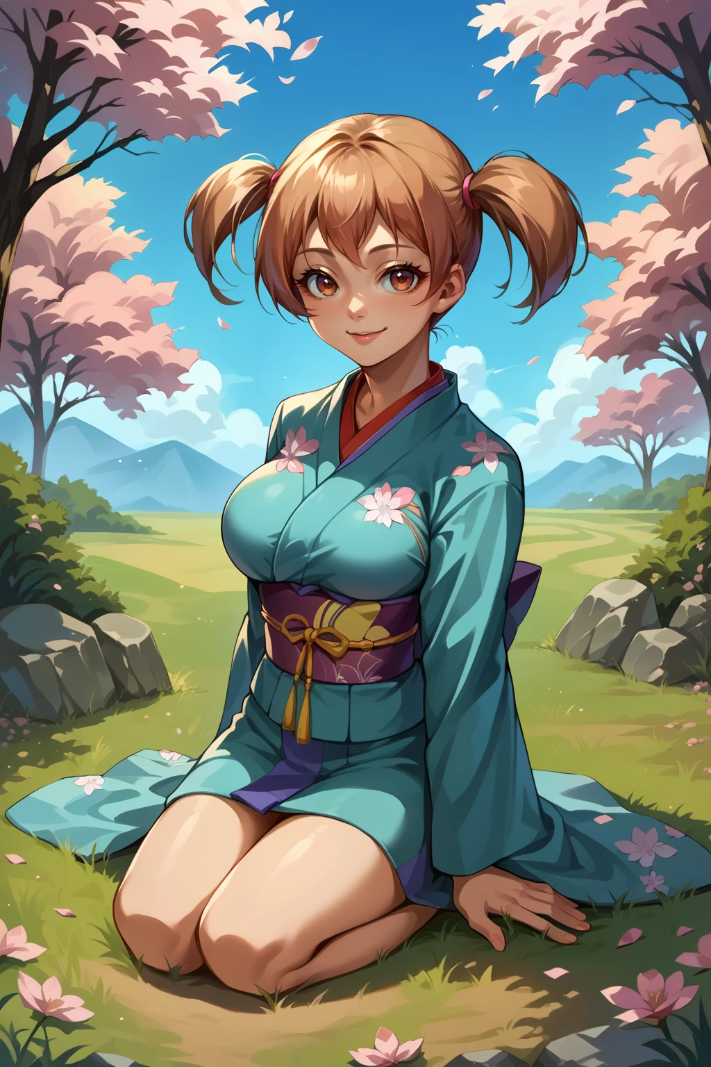 score_9, score_8_up, score_7_up, source_anime, cowboy shot, looking at viewer, smile, chssk, large breasts, short hair, twintails, kimono, sitting, kneeling, outdoors, grass, flower, cherry blossoms, <lora:Hoseki_Hataraku_ChihoSasaki_PDXL_v1:1>