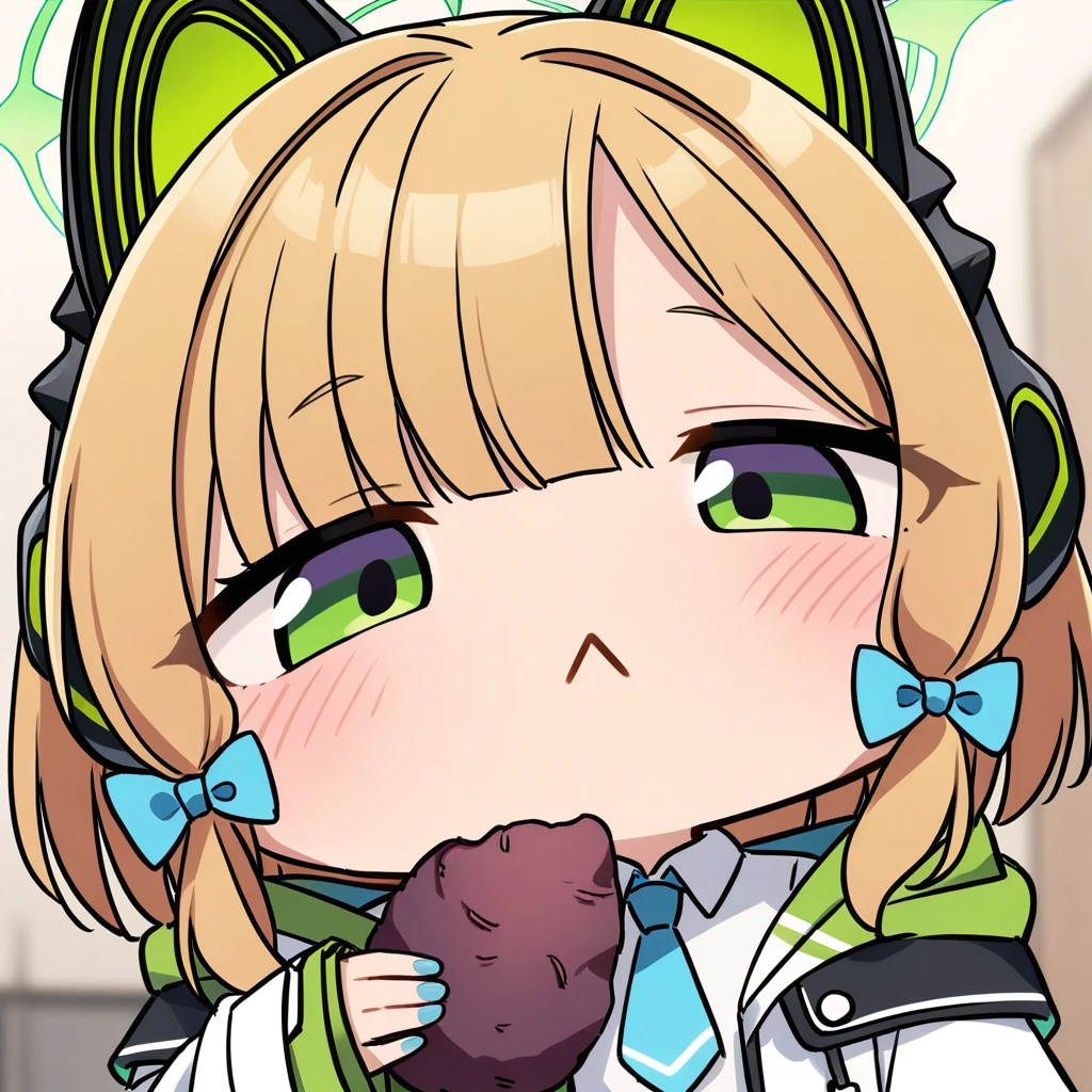 close-up, chibi, :<, 1girl, (masterpiece),(best quality),1girl,midori \(blue archive\),blue archive,aiamu iamu,holding food,holding,hooded jacket,food,sidelocks,:d,collared shirt,blurry,long sleeves,puffy sleeves,headphones,blue bow,hand up,necktie,upper body,halo,looking at viewer,jacket,sleeves past wrists,blush,nail polish,blue necktie,animal ear headphones,blurry background,blonde hair,shirt,green eyes,hood down,open clothes,depth of field,hood,smile,white jacket,fake animal ears,bow,puffy long sleeves,open jacket,solo,dress shirt,animal ears,white shirt,blue nails,hair bow,long hair,drawstring,sweet potato,