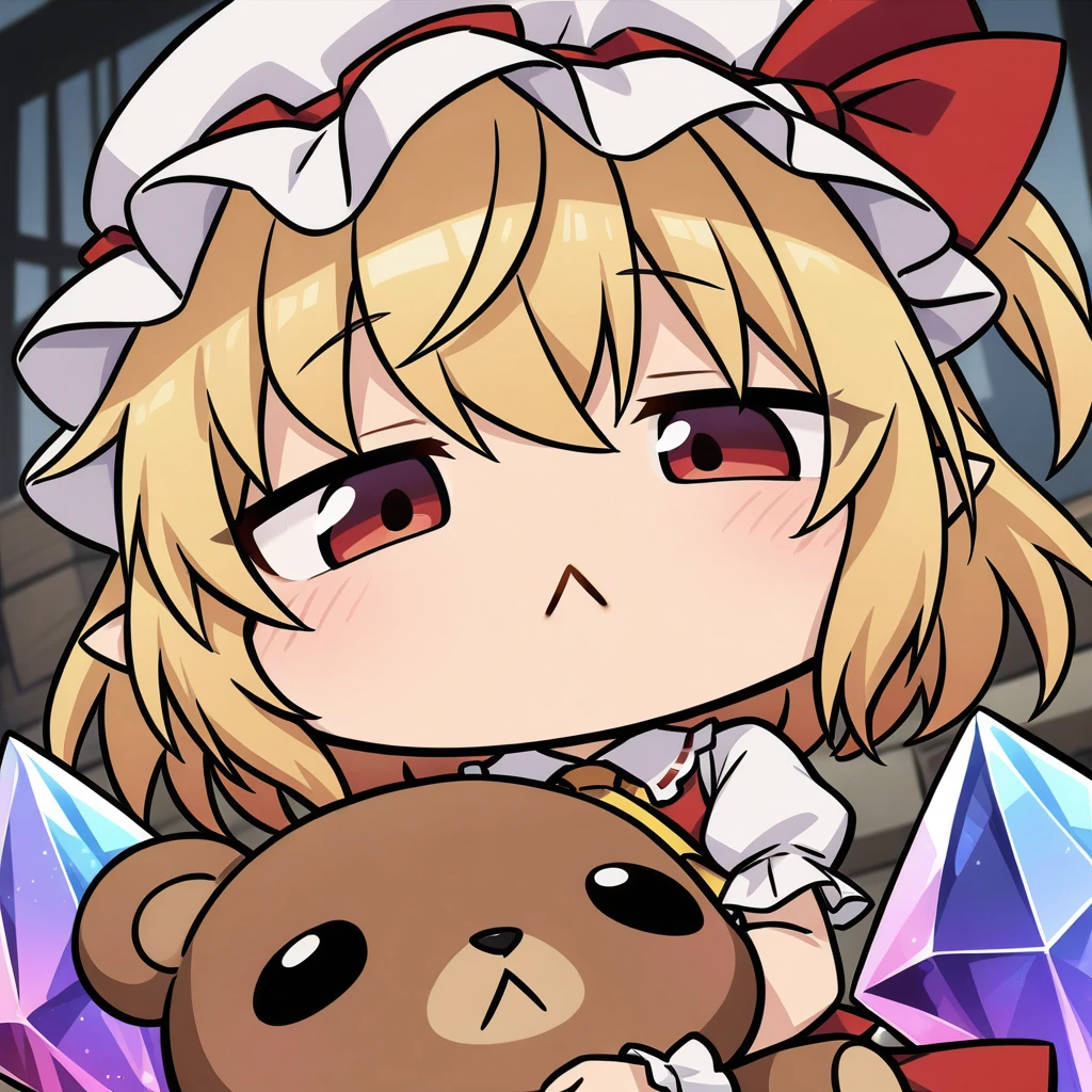 close-up, chibi, :<, (masterpiece),(best quality),1girl, flandre scarlet, touhou, hat, mob cap, solo, blonde hair, stuffed toy, red vest, wings, stuffed animal, teddy bear, red eyes, crystal, vest, white headwear, outdoor, short sleeves, one side up, holding, puffy sleeves, skirt, shirt, pointy ears, red skirt, looking at viewer, puffy short sleeves, ascot, yellow ascot, wrist cuffs, white shirt, holding stuffed toy, bow, frills, red bow, collared shirt, ribbon, frilled shirt collar, red ribbon, medium hair masterpiece, best quality, very aesthetic, absurdres