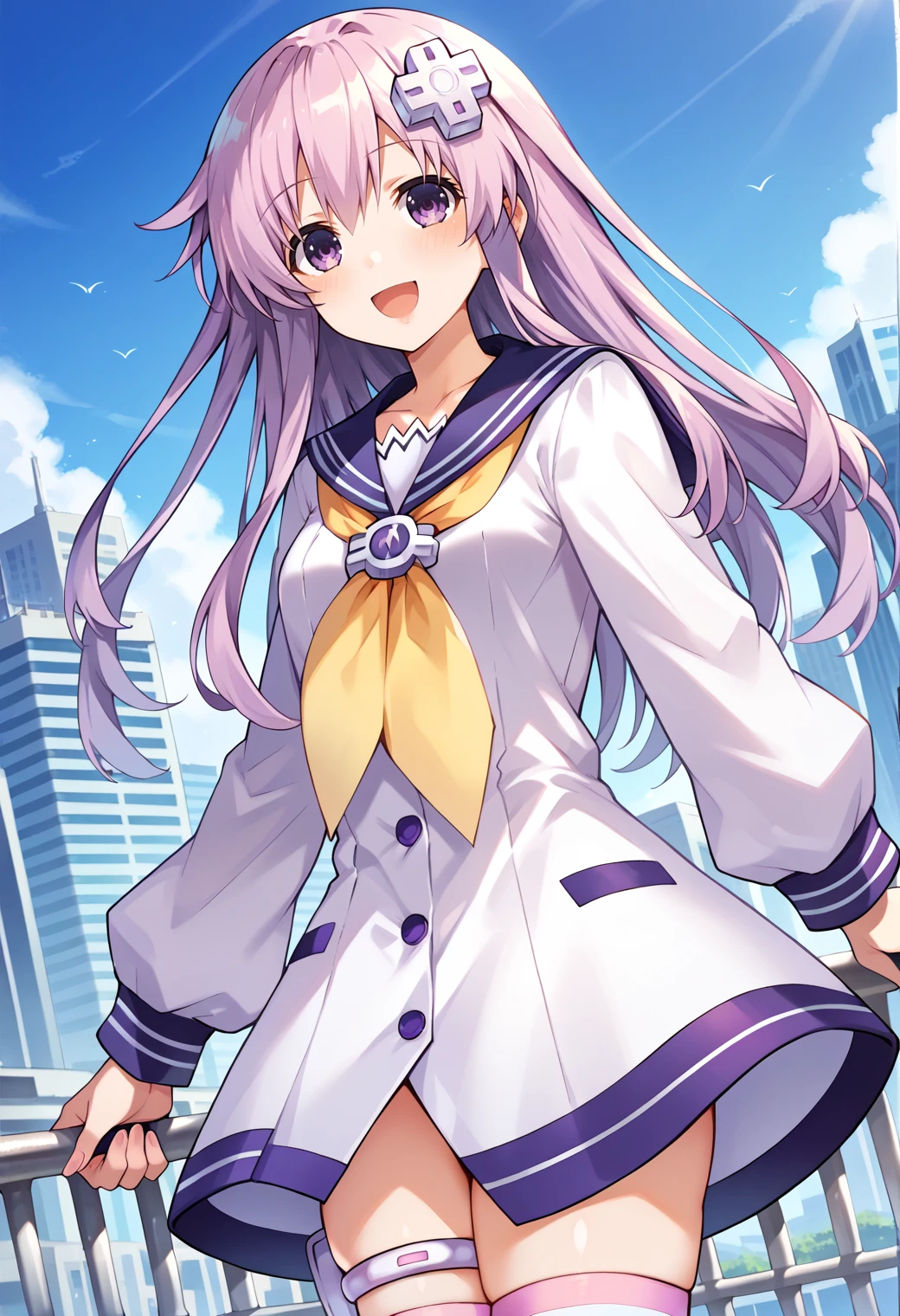 score_9, score_8_up, score_7_up, score_6_up, score_5_up, score_4_up, source_anime, outdoors, science fiction, city,
(masterpiece, best quality), fcDetailPortrait, solo, 1girl, nepgear, d-pad hair ornament,
sailor dress, yellow neckherchief, long sleeves, thigh strap, striped thighhighs,
looking at viewer, smile, blush, open mouth, 
dutch angle,