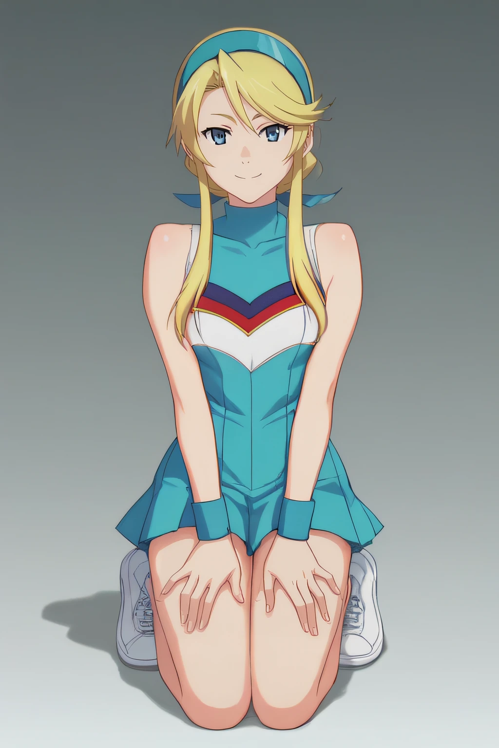 score_9, score_8_up, score_7_up, source_anime, rating_safe, intricate details, anime screencap, official style, <lora:PONY_Lina_Davis:1>, lina, blonde hair, blue eyes, hairband, bicolor dress, cheerleader, blue wristband, standing, simple background, looking at viewer, smile, white shoes, kneeling, hands on knees, full body, five fingers