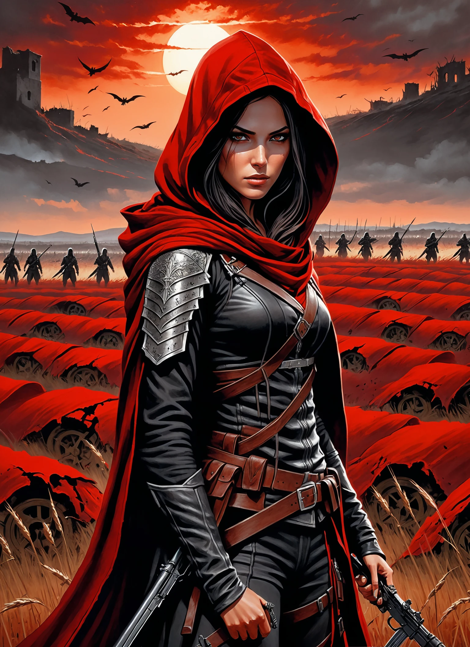 texture photorealistic Medium view acrylic painting, (Assassin woman overlooking war-torn field:1.2), Setting sun casts red hues, Countless fallen soldiers, (Eerie battlefield:1.3), Hooded figure, Tense stance, Vengeance in her eyes. <lora:Image Enhancer XL Extreme v1:1> . highly detailed, lifelike, precise, accurate top down close-up