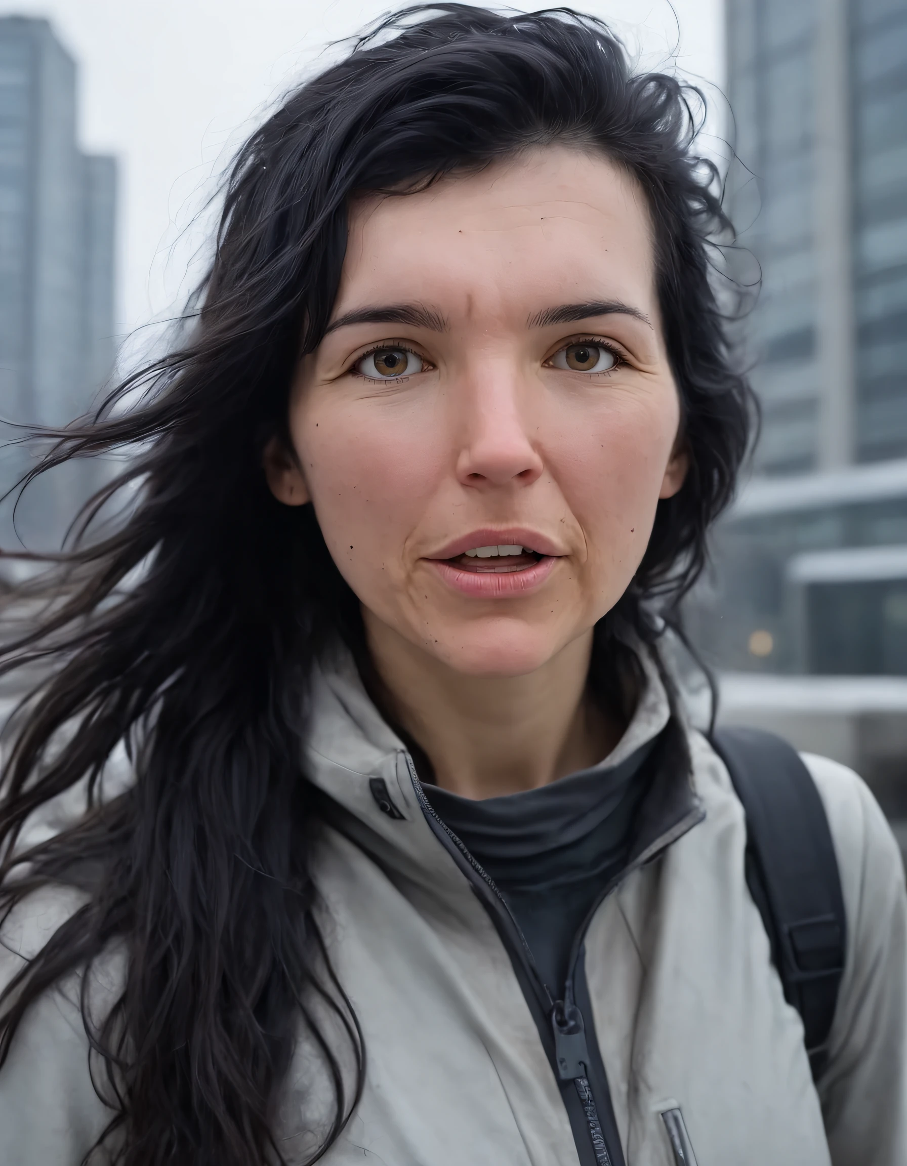 Eva, a woman with black hair and striking brown eyes, held her breath as she sauntered through the dystopian cityscape in a striking futuristic ensemble, her parted lips revealing confidence while her long hair swayed behind her as the wind blew, effortlessly blending into this mysterious world of science fiction. Eva zu Beck <lora:llihmi18f72c1abf5v42:1>