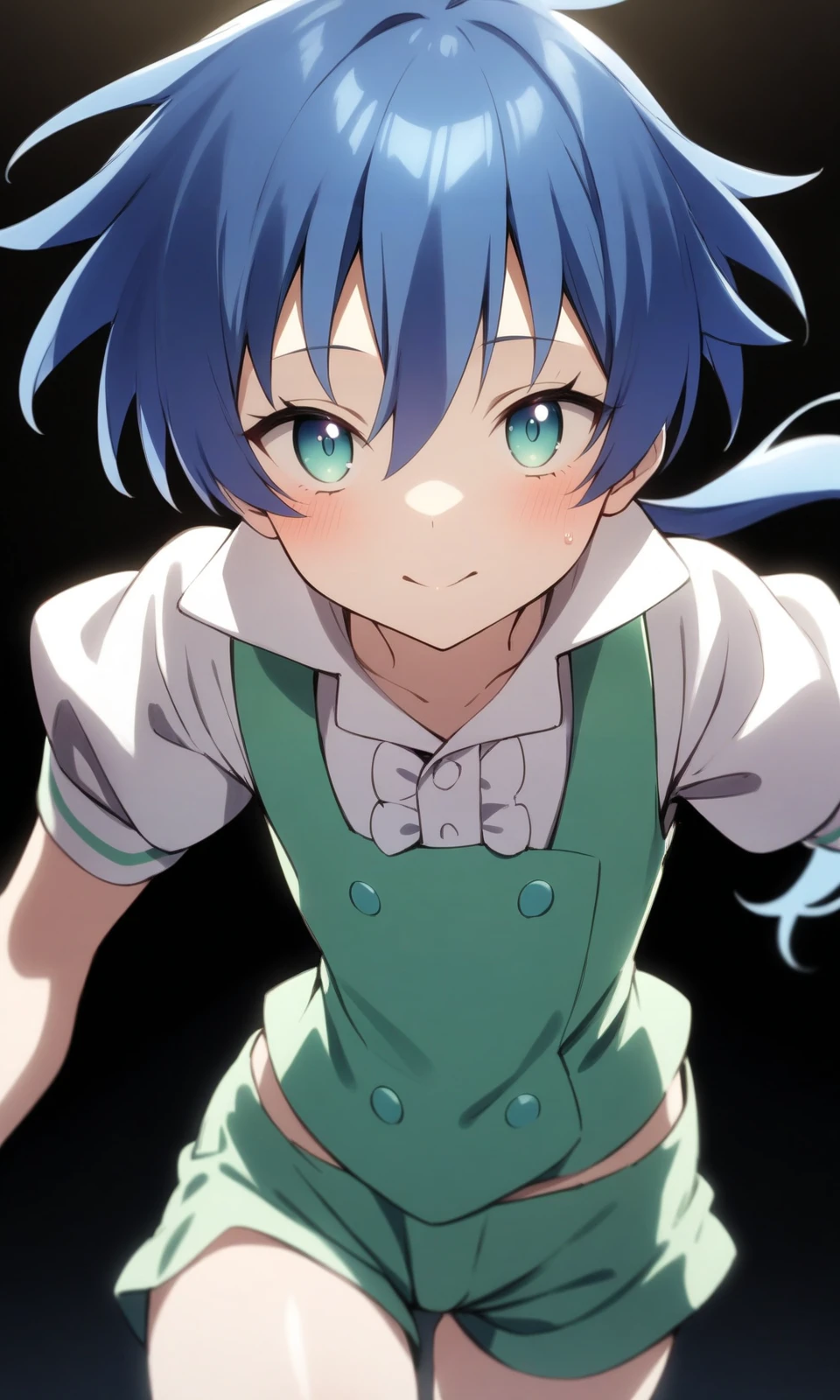 solo, 1boy, lloyd, aqua eyes, blue hair, short hair, low ponytail, shiny hair, shiny skin,
green vest, white shirt, puffy short sleeves, green short shorts,
looking at viewer, running towards viewer,
upper body,
masterpiece, best quality, very aesthetic, absurdres,
<lora:LloydDeSaloum_XL:1>