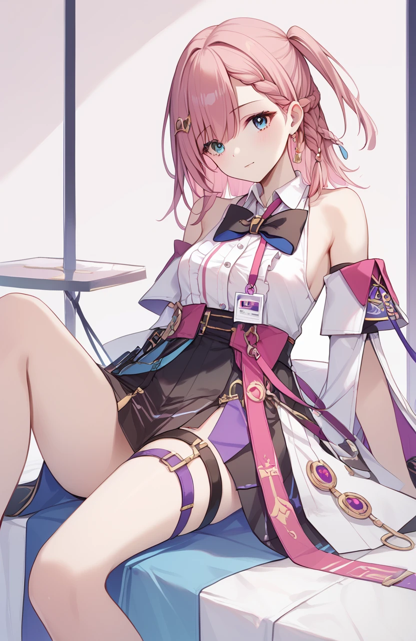 <lora:è¾ä¸å¦²2pony:1>,xtasta,a girl named xtasta,1girl,braid,white shirt,sleeveless shirt,one side up,id card,detached sleeves,black skirt,black bowtie,center frills,collared shirt,thigh strap,, (score_9,score_8_up,score_7_up),(masterpiece,best quality,high quality:1.2),absurdres,