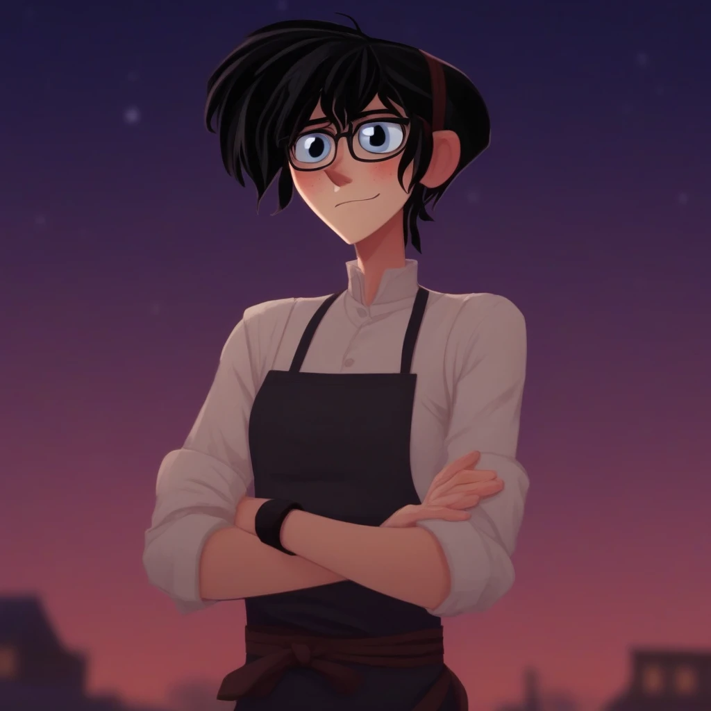 day, crossed arms, glasses, outdoors, star (sky), narrow face, black eyes, looking to the side, vase, gloves, teeth, apron, vest, solo, blue eyes, style parody, blush, closed mouth, orange background, black hair, sky blue eyes, looking at viewer, night