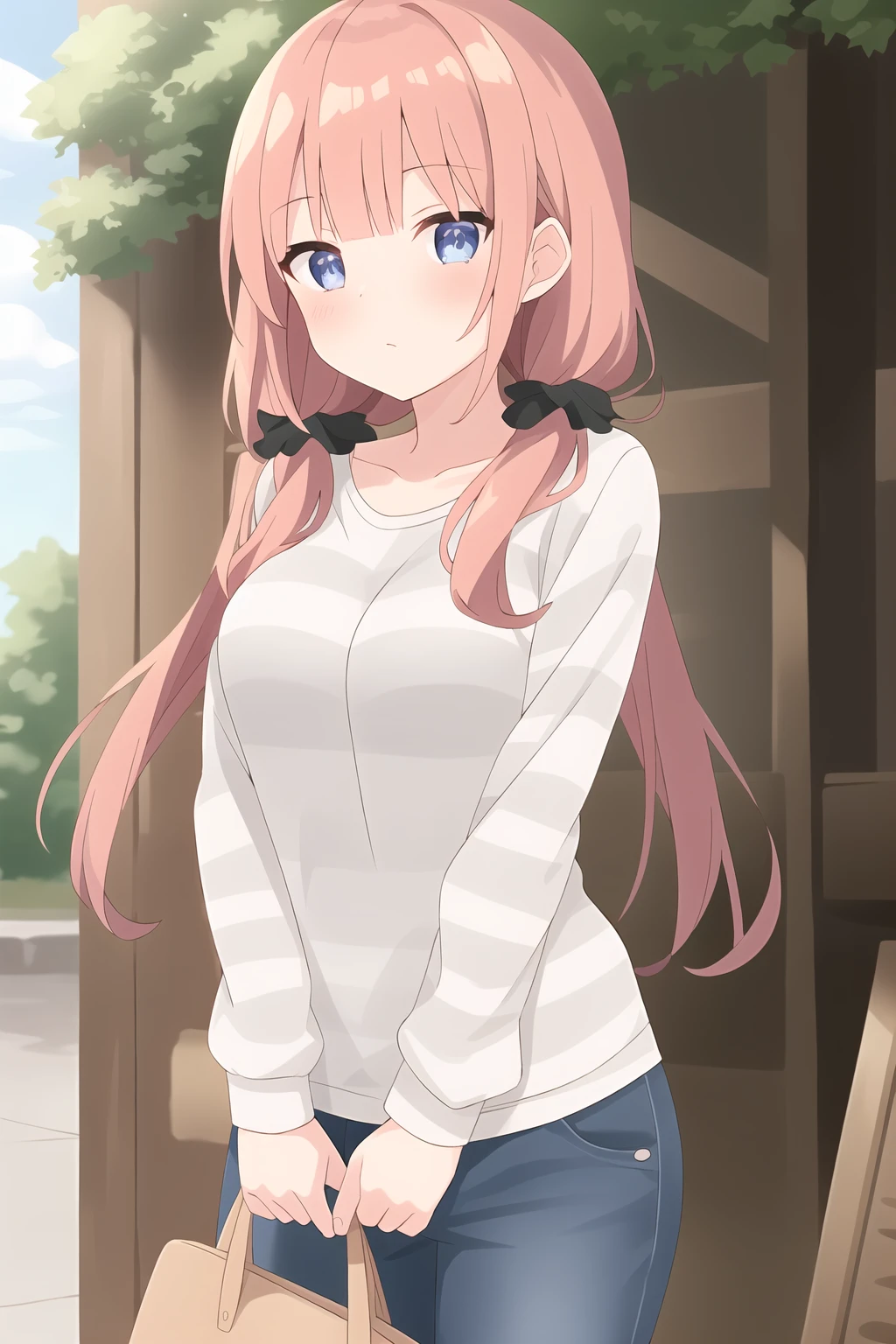 1girl, nakano nino, aged up, cowboy shot, blunt bangs, low twintails, sidelocks, blue eyes, pink hair, hair ribbon, blush, (striped shirt), black jeans, facing viewer, park, outdoors, <lora:SD15-NakanoNino-LoRA-MIA-v0.3a:0.5>, masterpiece, best quality