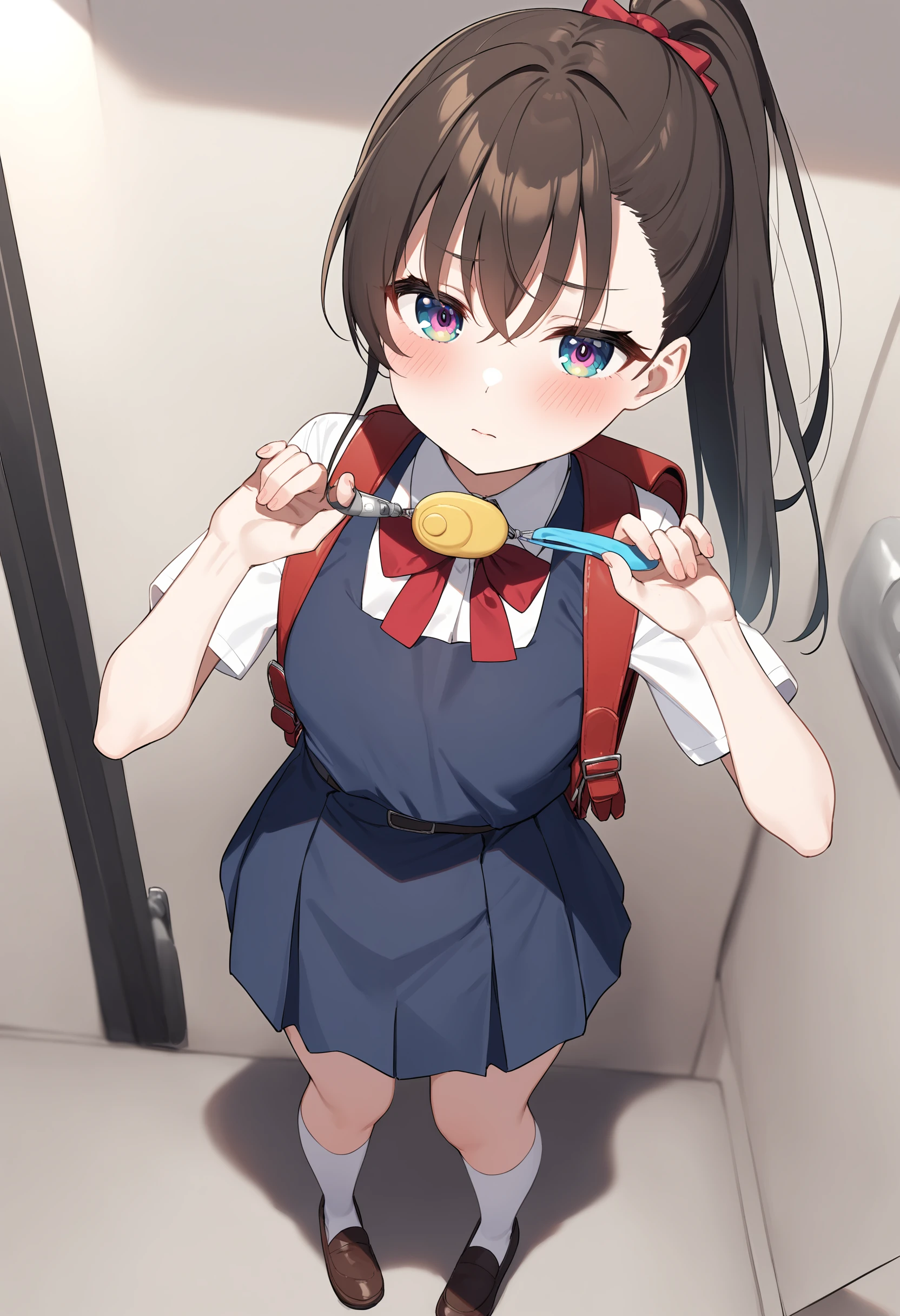 1girl,sincos, ningen mame, toosaka asagi,solo,medium breasts,school uniform,
crime prevention buzzer, holding, looking at viewer, hands up, randoseru, backpack,<lora:crimepreventionbuzzer_XL_v1:0.8>
from above, full body, looking down, brown hair, pink eyes,naughty, public toilet, closed mouth, high ponytail hair,,
best quality, very aesthetic, absurdres,