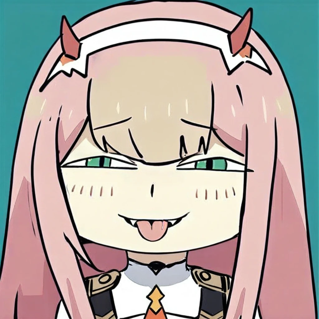 anya-face,(masterpiece),(best quality),1girl, aqua_background, aqua_eyes, blue_background, buttons, double-breasted, fangs, green_eyes, hairband, horns, long_hair, looking_at_viewer, military, military_uniform, necktie, pink_hair, sky, solo, tongue, tongue_out, uniform, white_hairband, zero_two_\(darling_in_the_franxx\)