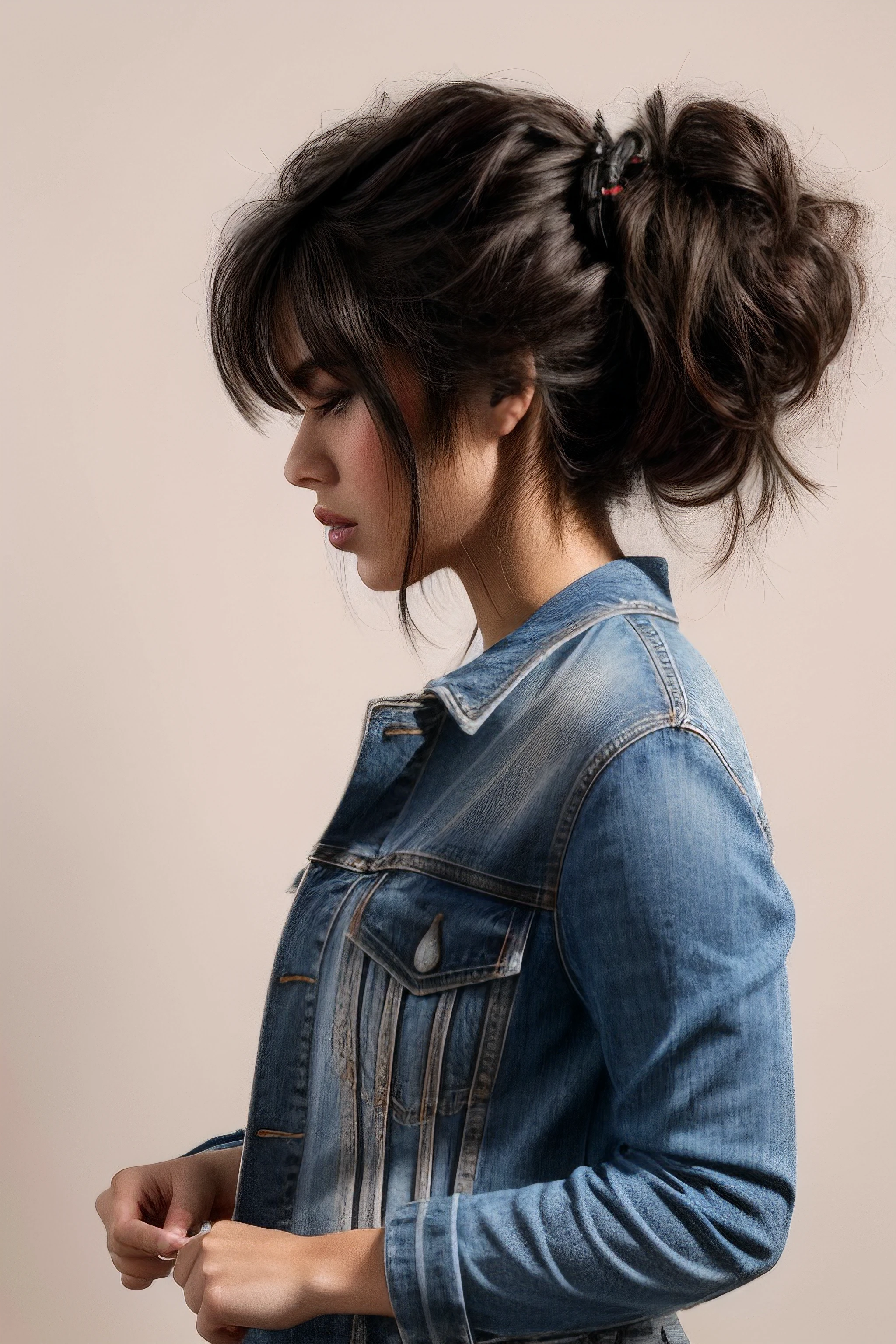 anamoll, side view , elegant 1girl with black hair tied in a high bun, bangs, wearing a denim jacket , white background, grainy film filter, minimalistic, HD,bold lines,poster, intricate,artstation,Conrad Roset,chiaroscuro inspired image,Anthony
