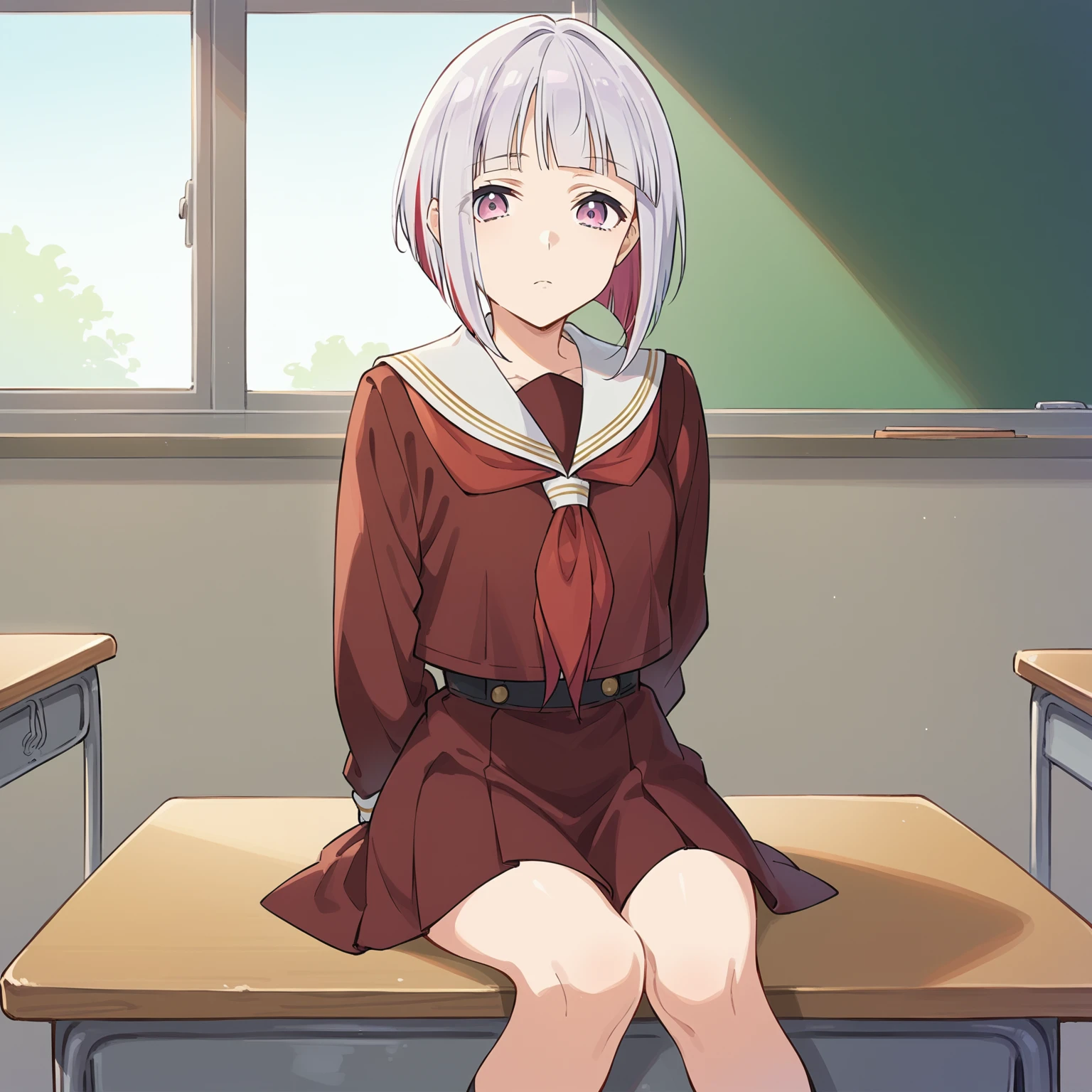 1girl, solo, yugiri tsuzuri, bob cut, hasunosora school uniform, sitting on desk, arms behind back, looking at viewer, expressionless, classroom, source_anime, score_9, score_8_up, <lora:hasunosora_pony-000016:0.8>