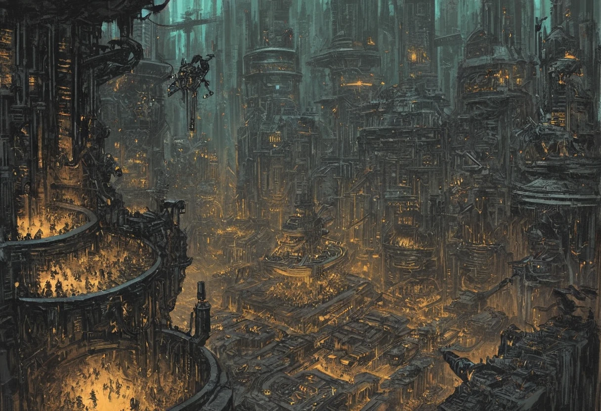 A digital painting of a manufactorum in a hive city. The manufactorum is a large, dark building with a smokestack and several large pipes. The hive city is a large, sprawling city with many tall buildings. The servitors are small, robotic creatures that are used to perform tasks in the manufactorum. The servo-skulls are small, flying robots that are used to relay information. The tech-priests are humans who are responsible for maintaining the manufactorum. By DWMIT.
line art, extremely detailed, dynamic shading, grimdark, expressive, impasto, volumetric lighting, matte painting,
 <lora:Servitor:1>