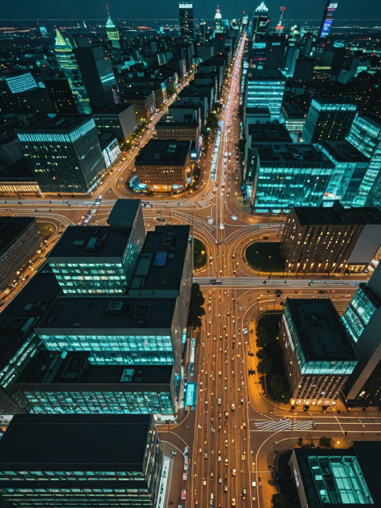 A bustling cityscape at night, viewed from above, with lights and digital overlays indicating AI-driven systems at work, from traffic management to energy distribution, highlighting the invisible presence of AI in urban life.