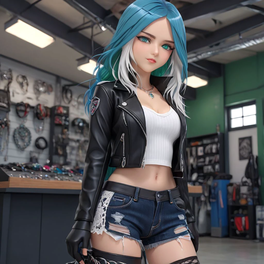 Expressiveh, (Masterpiece, best quality:1.2), score_9, score_9_up, soft shading, lighting, (anatomically correct), best high quality, high res, jewelry, solo, 1girl, reinayagami, 28 years old, thin, irl, photorealistic,  garage background, blue eyes, long hair, multicolored hair, blue hair, white sidelocks, hair ornament, green eyes, sportswear, black tanktop, cleavage, breasts, black leather jacket, fingerless gloves, denim shorts, torn stockings, black footwear, black lace boots, jewelry, eyelashes, seductive pose, seductive look, selfie, full body visible