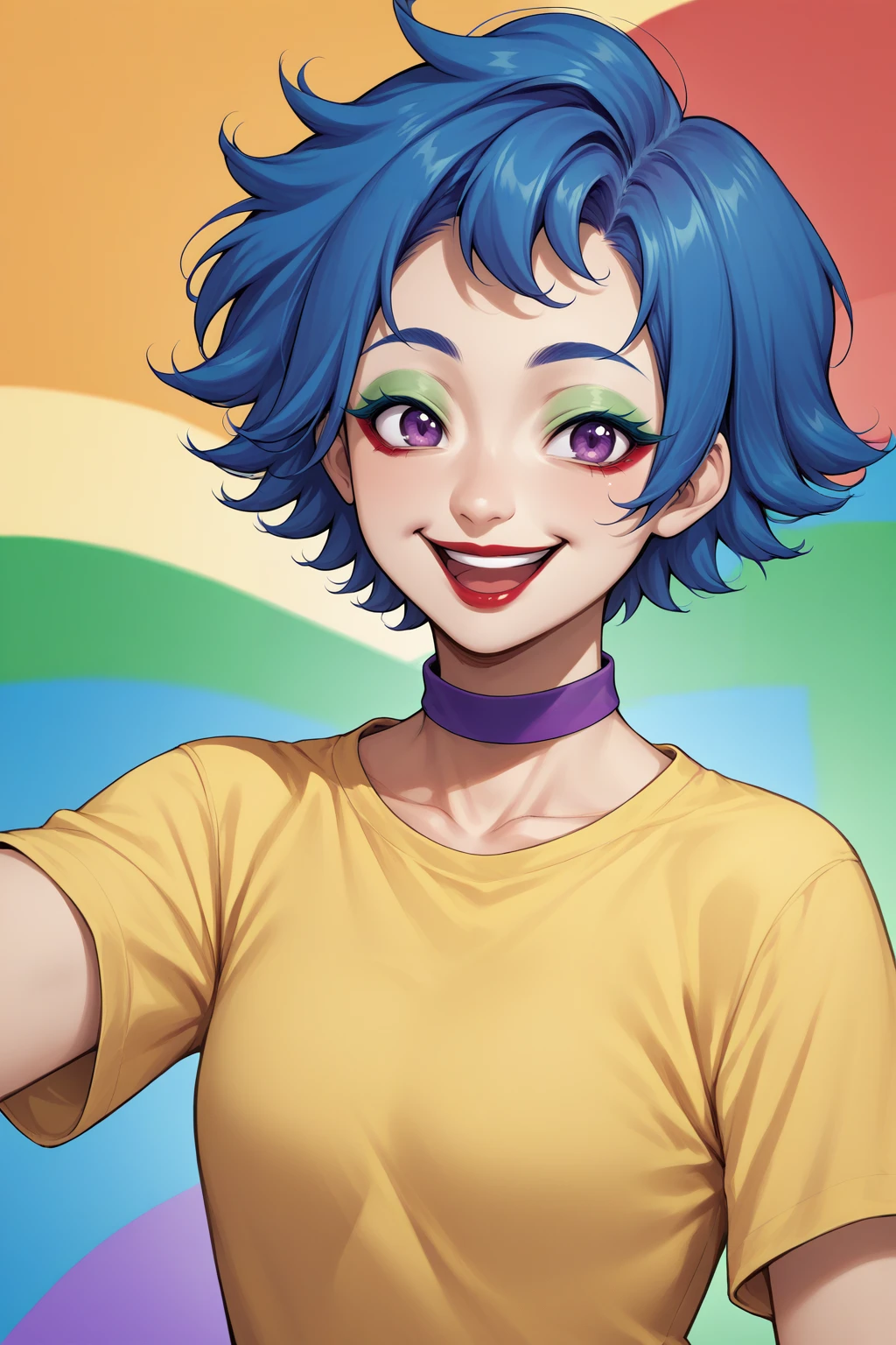 source_anime, score_9, score_8_up, <lora:NSEmilyStardew:1> NSEmilyMisc, blue hair, purple eyes, lipstick, short hair, rainbow background, yellow t-shirt, happy, blue eyeshadow, purple choker, red eyeliner, green eyeshadow, happy