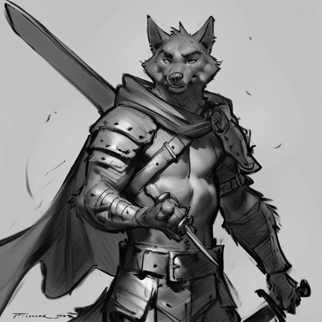 score_9, score_8_up, score_7_up, tfiddlerart, tfart, solo, 1boy, holding, standing, monochrome, weapon, greyscale, male focus, belt, sword, cape, holding weapon, armor, sketch, holding sword, knife, furry, dagger, furry male, wolf boy