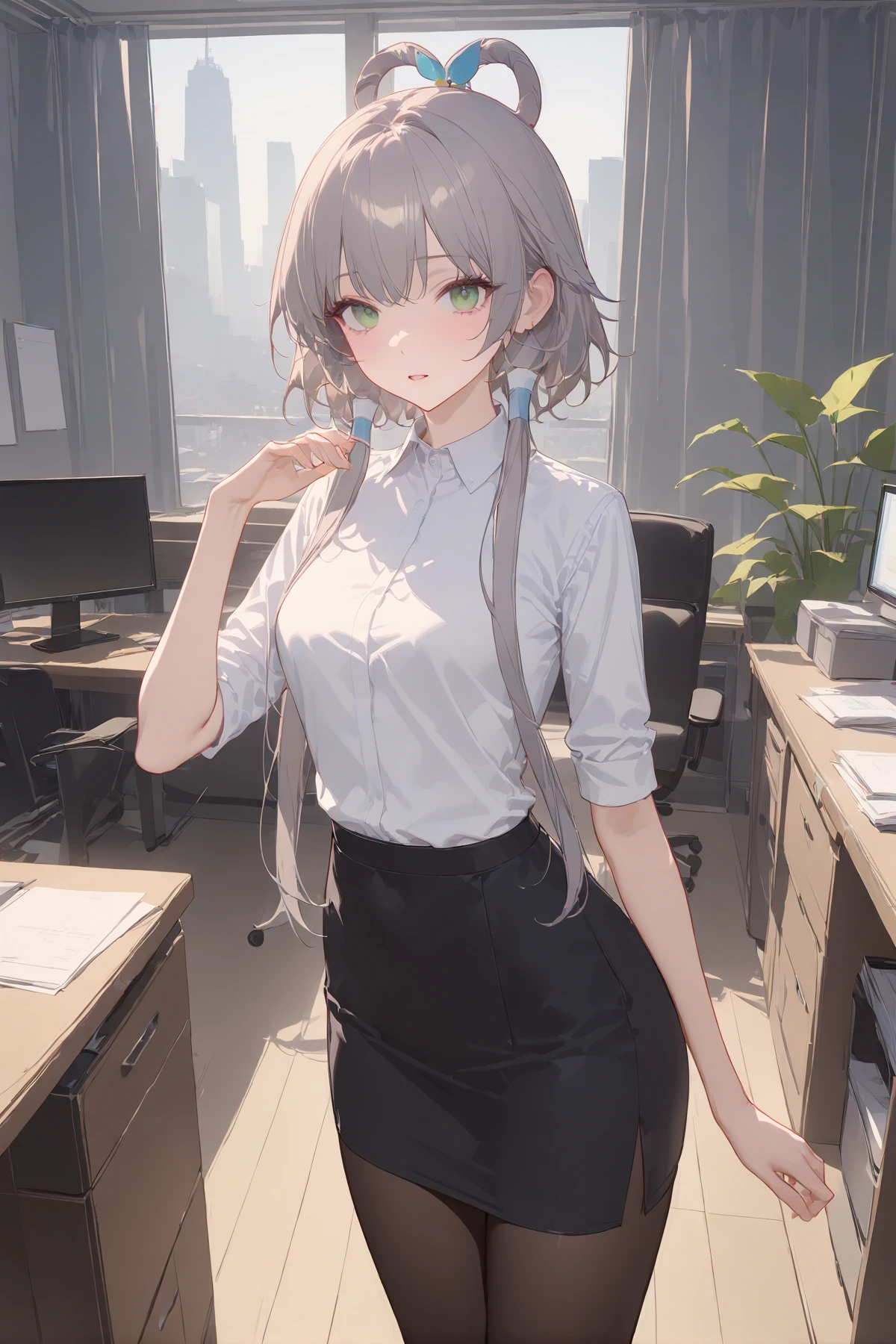 masterpiece, best quality, perfect features, intricate details, ray tracing, newest,(hitenkei, askzy:0.4), 1girl, office lady, collared shirt, pencil skirt, pantyhose, looking at viewer, parted lips, cowboy shot, office, indoors, depth of field, green eyes, grey hair, hair ornament, hair rings, short hair with long locks, hair tubes, <lora:luotianyi_xl:0.7>