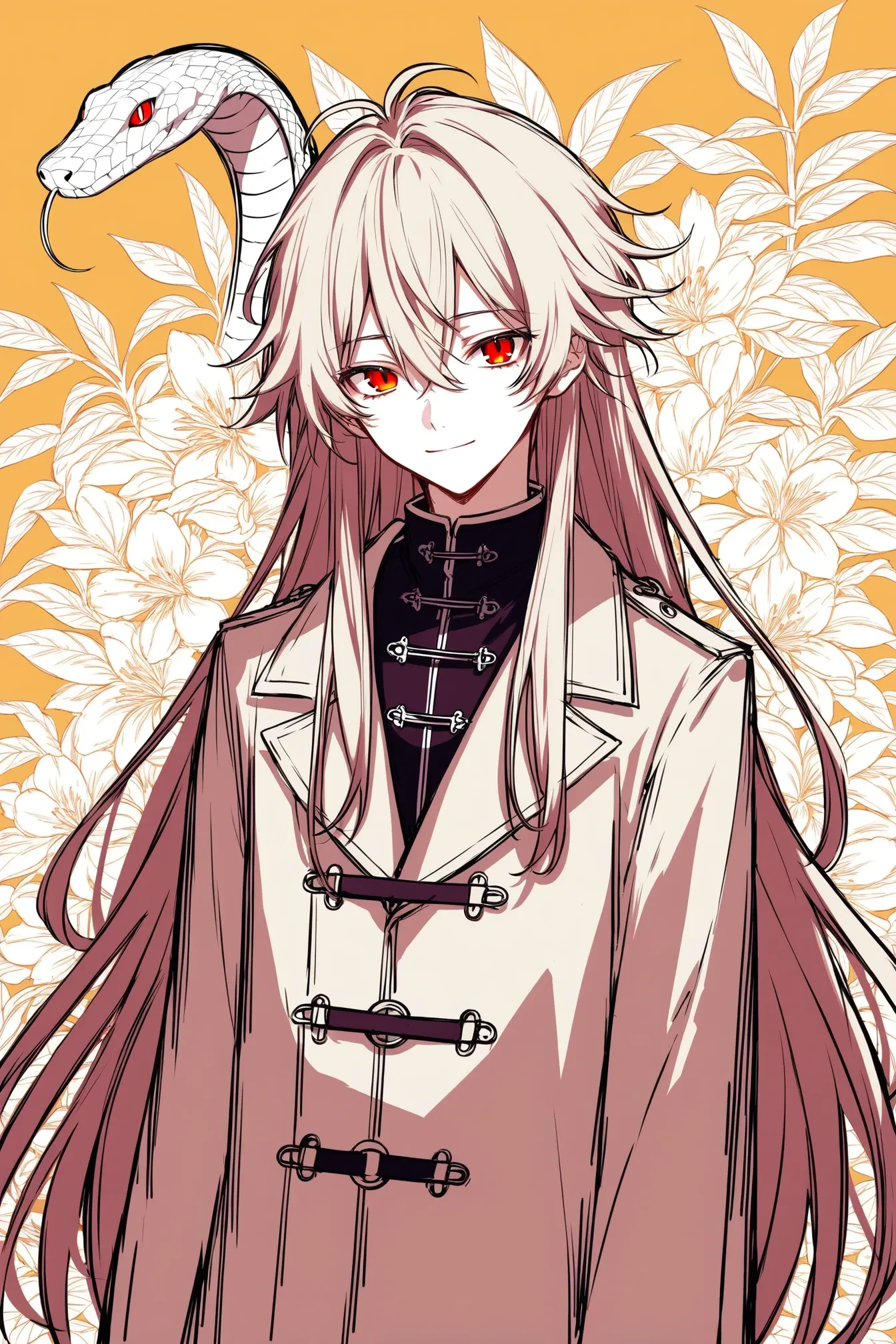 1boy, solo, androgynous, closed mouth, coat, expressionless, floral background, light smile, long hair, long sleeves, messy hair, red eyes, sketch, snake, toggles, very long hair, virtual youtuber, yellow eyes