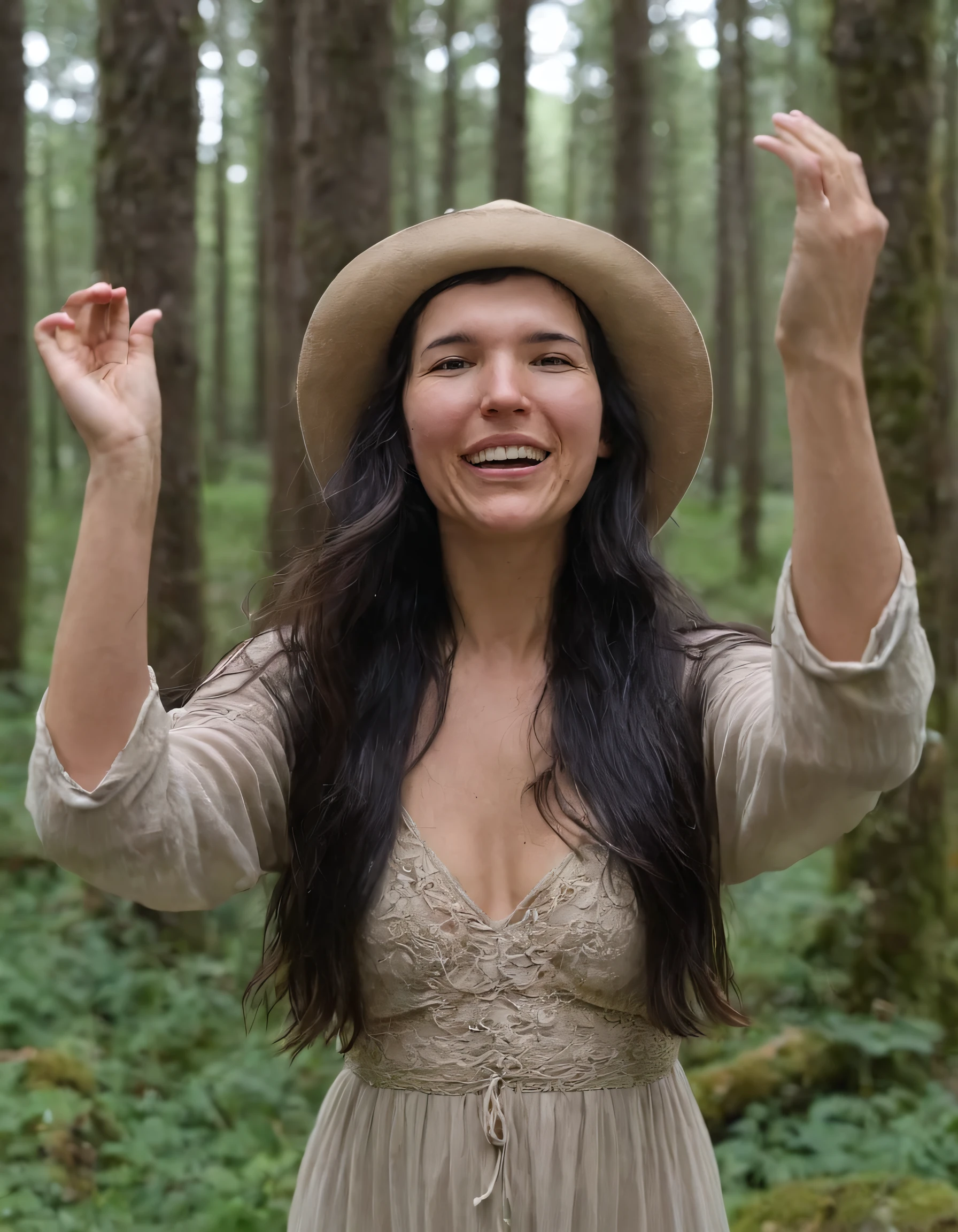 In a captivating forest with vivid foliage, Eva zu Beck, radiant and confident in her earth-toned gown that flows effortlessly with each stride, looks strikingly like a victorious goddess as she pauses, embracing the beauty of nature with parted lips, brown eyes, and her long black hair framing her face while adorning a hat, she captures the audience's attention with both arms outstretched wide in a realistic expression, revealing her signature smile, teeth, and parted lips as if inviting them to bask in the enchanting serenity of her environment. <lora:qukjqy18f72cf16cbh74:1>